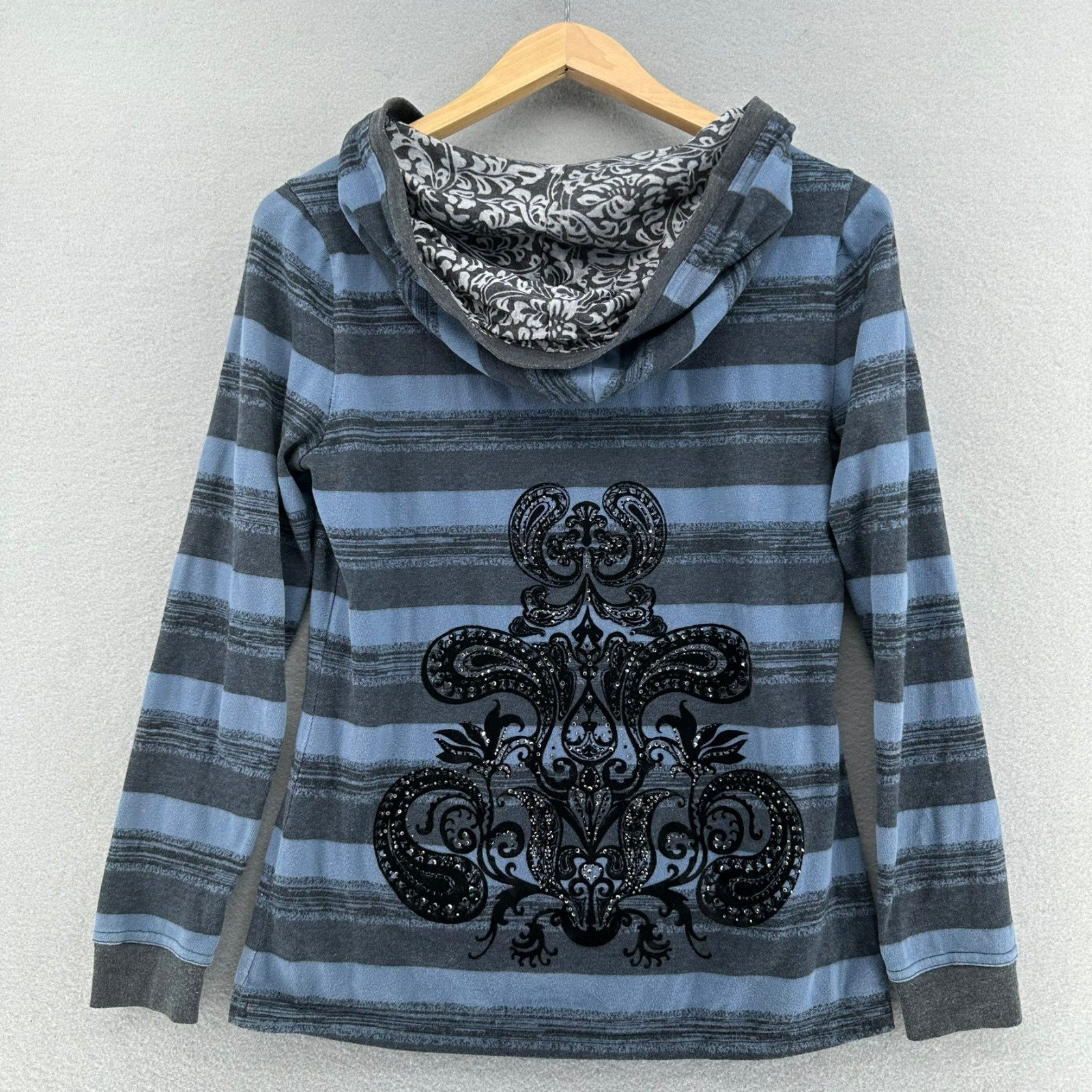 2001 Miss Me Hoodie Striped Pullover Long Sleeve Velvet Studded Blue SZ L Y2K