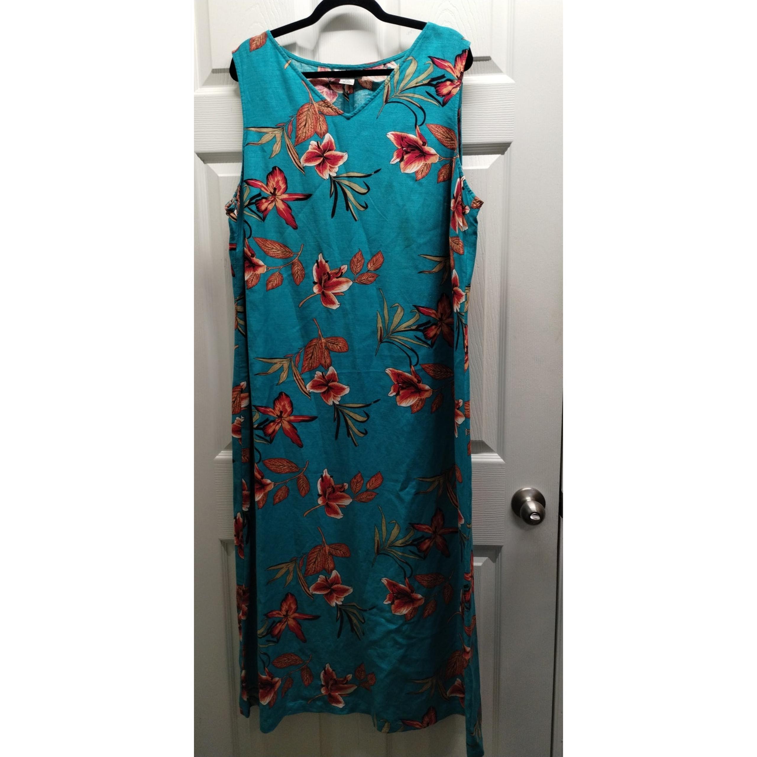 Style & Co Women Size 20W Maxi Dress Blue Hawaiian Floral Sleeveless Linen Blend
