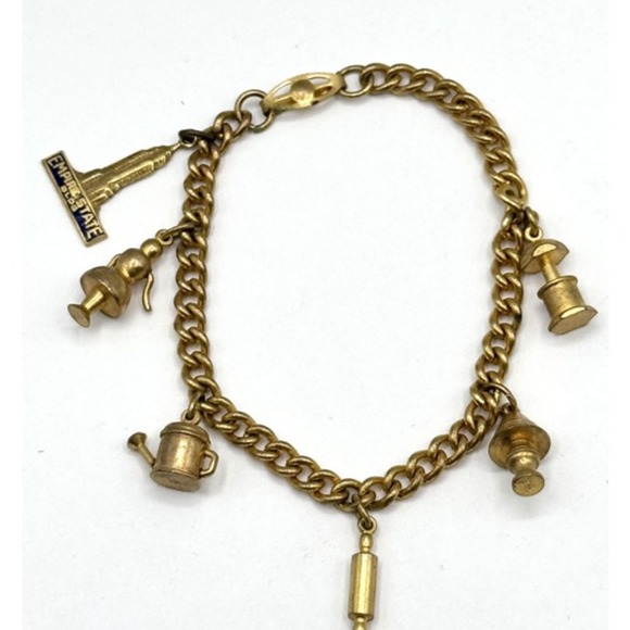 Vintage MCM estate brass charm bracelet Empire State, Watering Can, Rolling pin