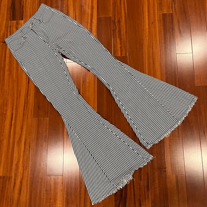 Altar'd State Blue White Jeans Flare Bell Bottom Pants Striped Frayed 70s Sz XS