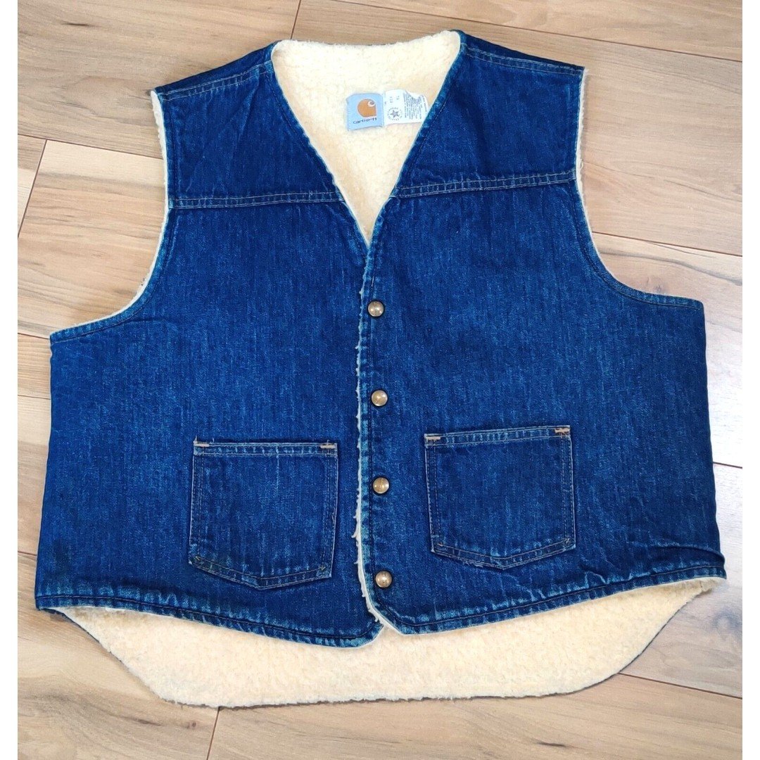Vintage 80s Carhartt Denim Vest XL Blue Jean Sherpa Fleece Lined Snap USA 7-1986