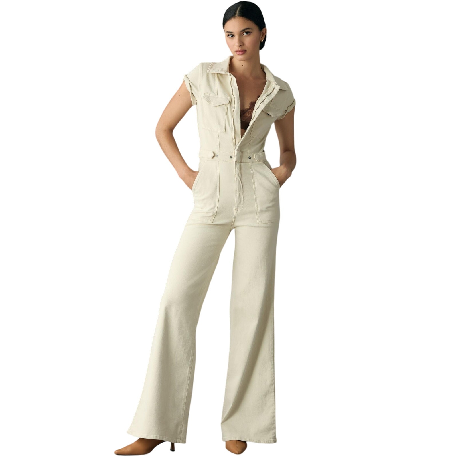 GOOD AMERICAN Fit For Success Palazzo Denim Jumpsuit Short Sleeve Ivory Size 4