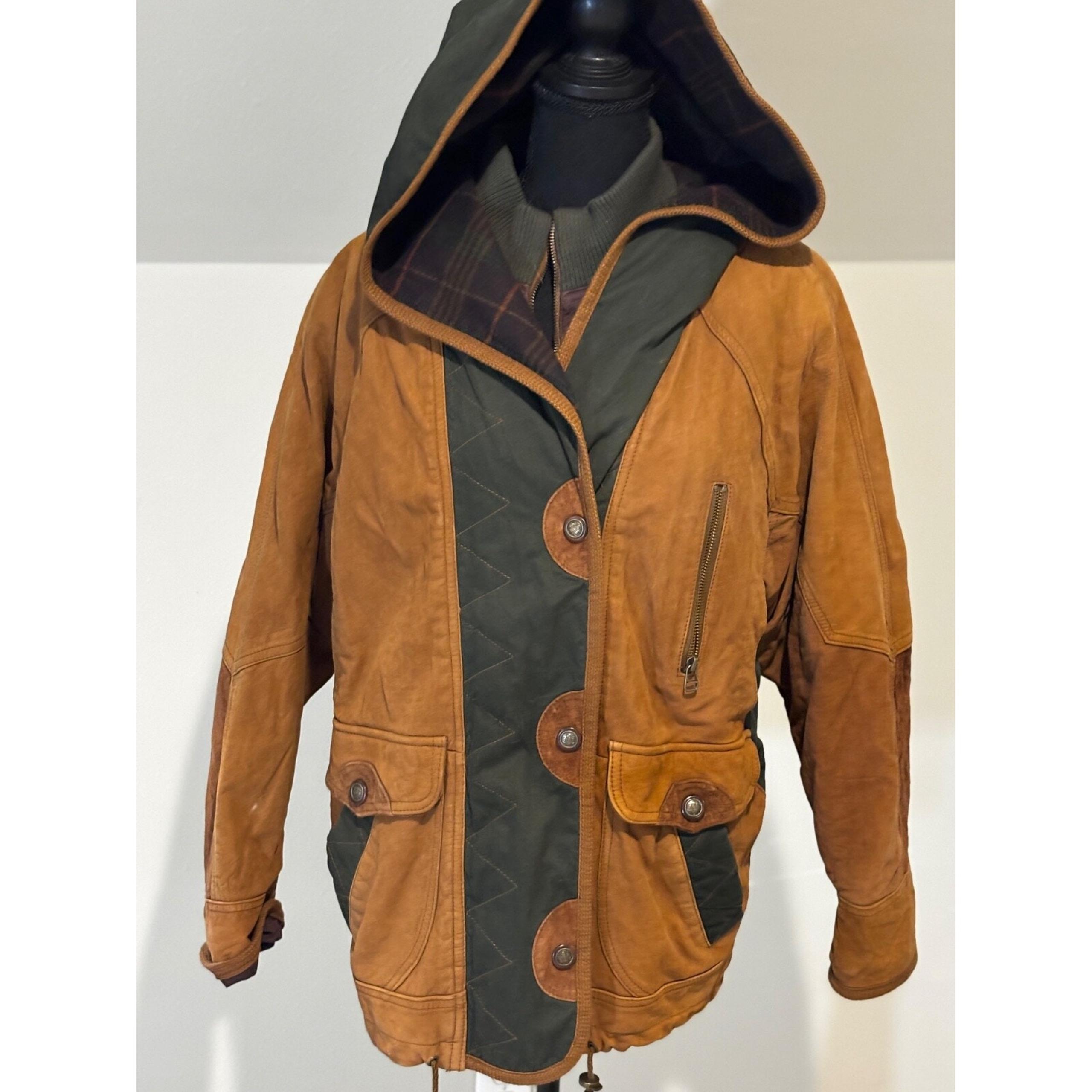 Winlit Vintage Leather Jacket Brown lined fleece Chore Barn Utility Coat Sz M