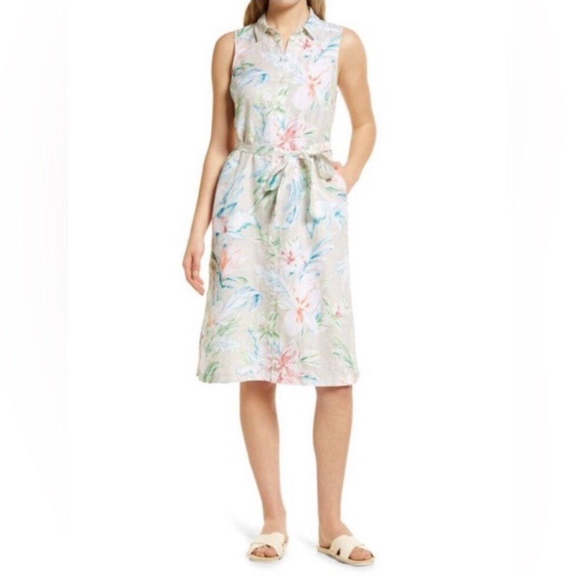 Tommy Bahama Maya Meadow Linen Tropical Floral Sleeveless Midi Shirt Dress Large