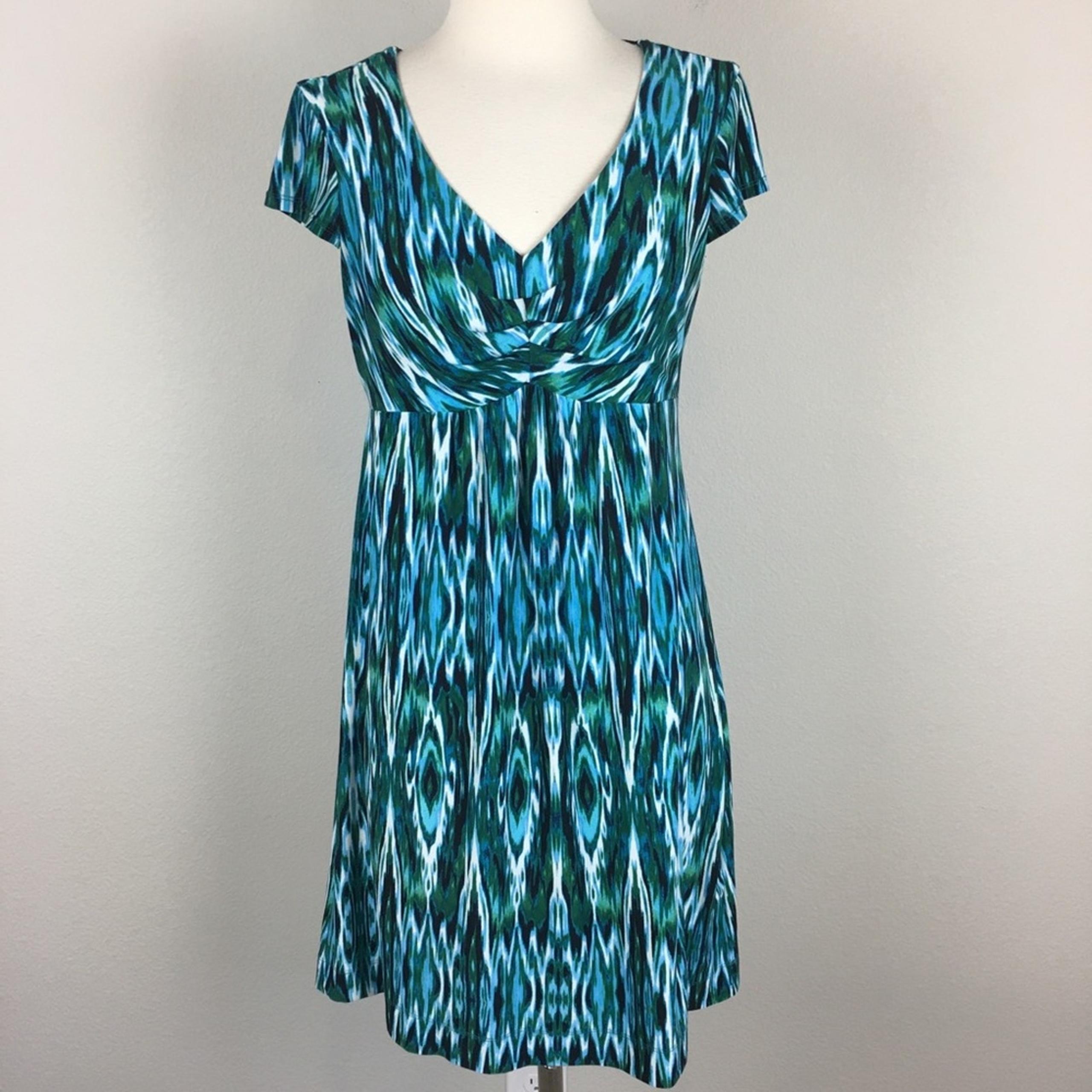 Soma Blue Green Ikat Print  Knit Cap Sleeve Knee Length Dress Small