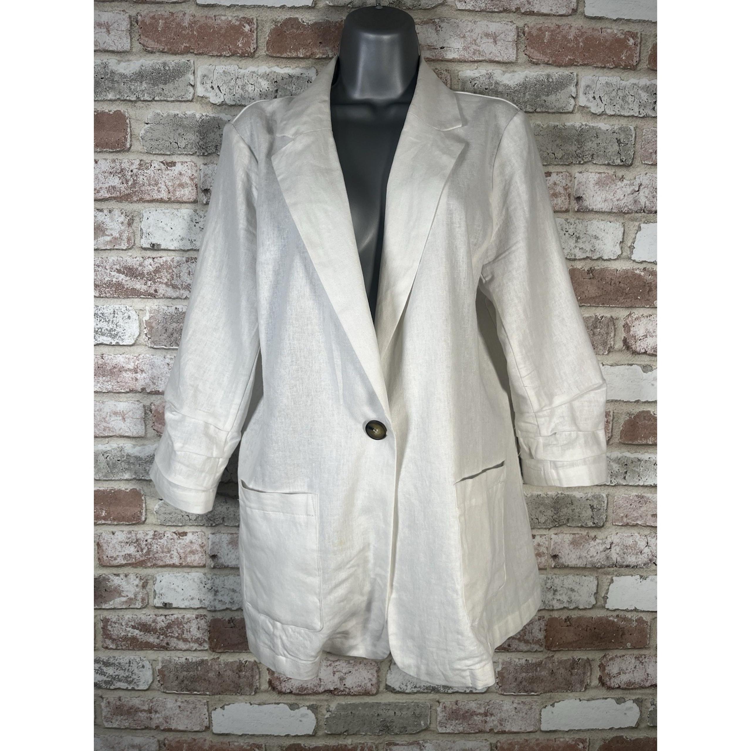H Halston White Linen Blend One Button Boyfriend Blazer sz L Preppy Classic