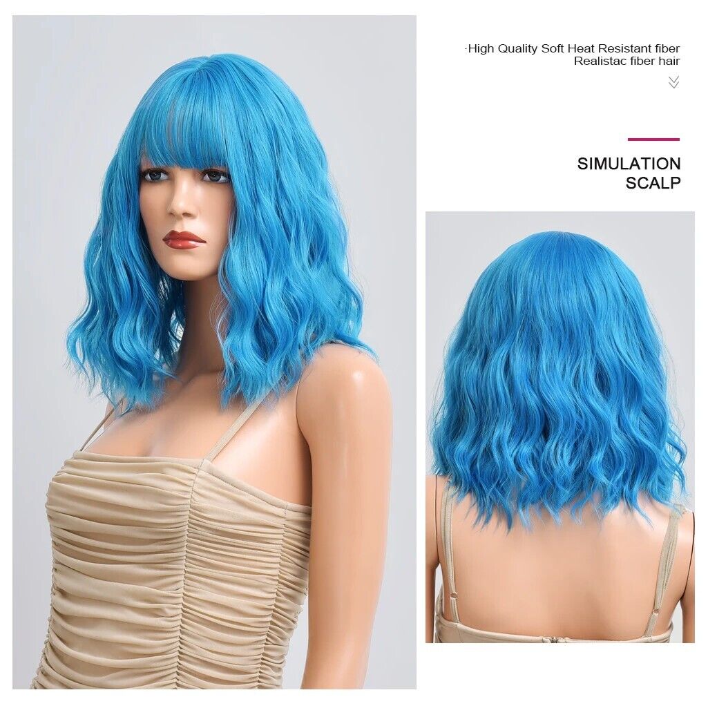 NWT Blue Wig Halloween Wavy Cosplay Shoulder Bob, Hair Realistic High Quality