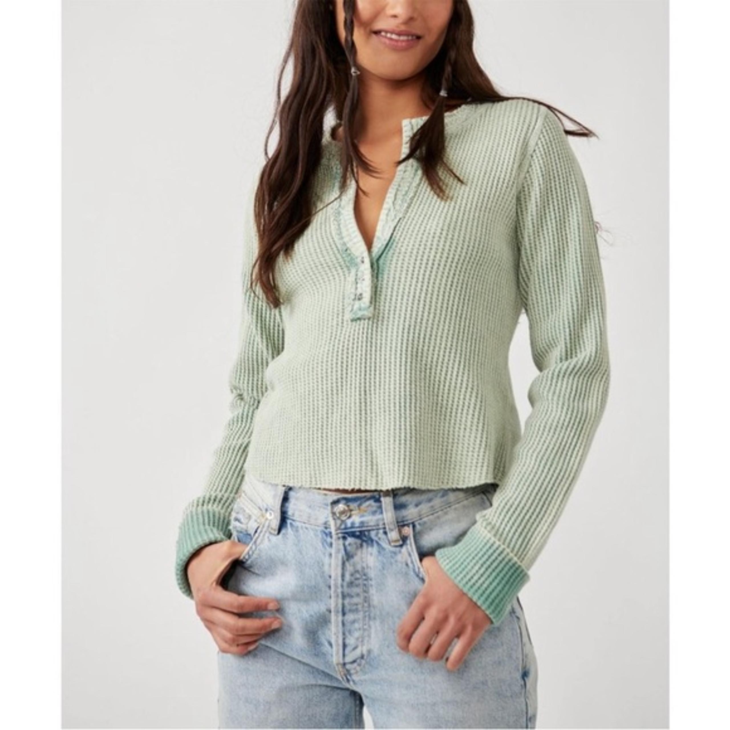 Free People Colt Waffle Knit Long Sleeve Henley Top in Sea Foam