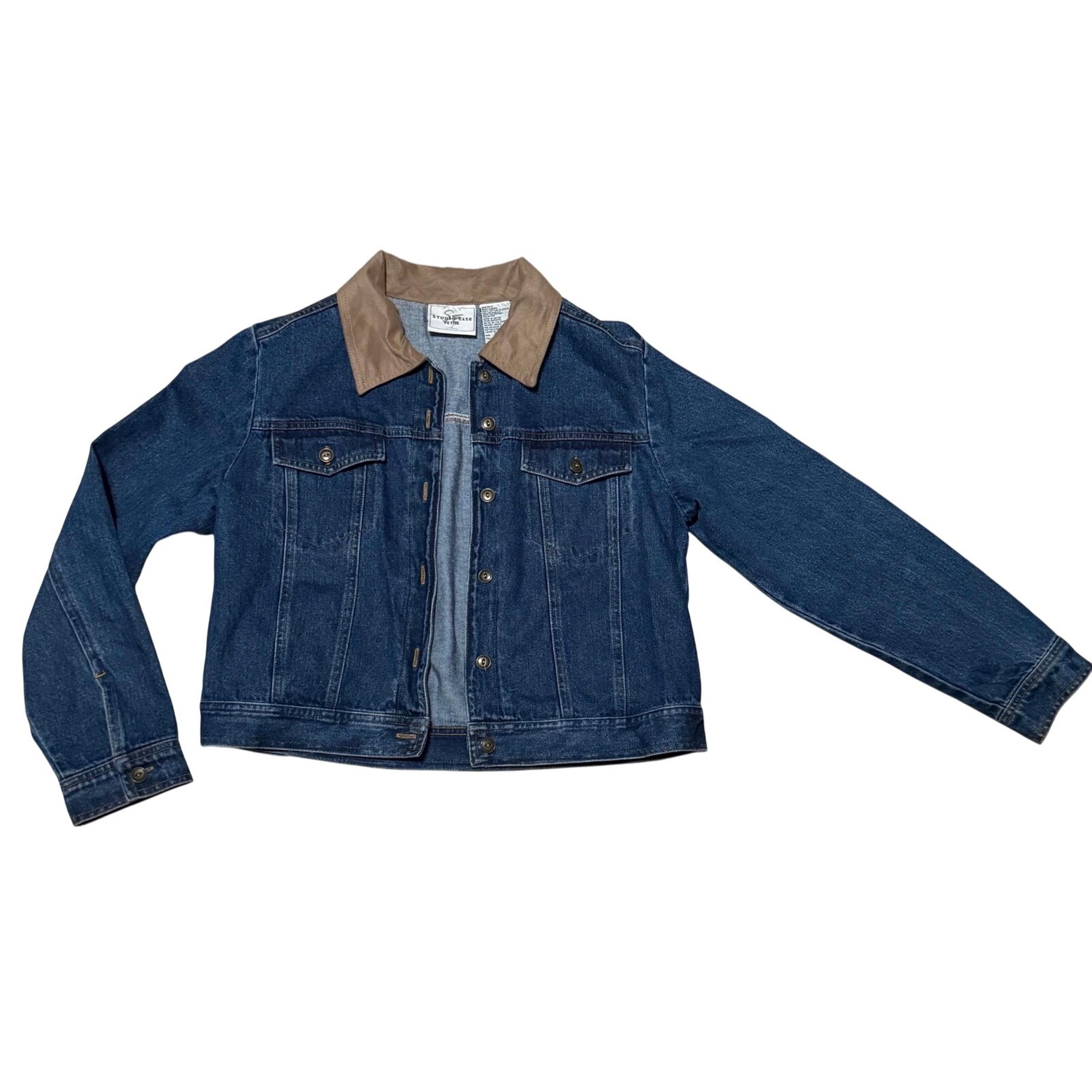 STUDIO EASE Size 10 petite Womens Cropped Denim Jean Jacket Tan Collar