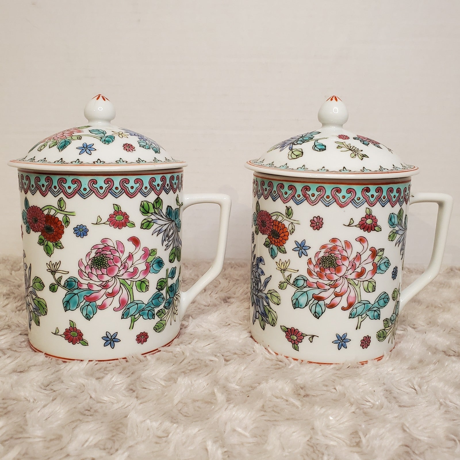 Lidded Tea Cups Chinese Floral Hand Painted Coffee Cups w/ Lids Cloisonne Style