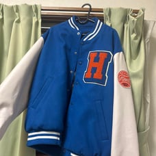 H logo embroidery blue varsity jacket