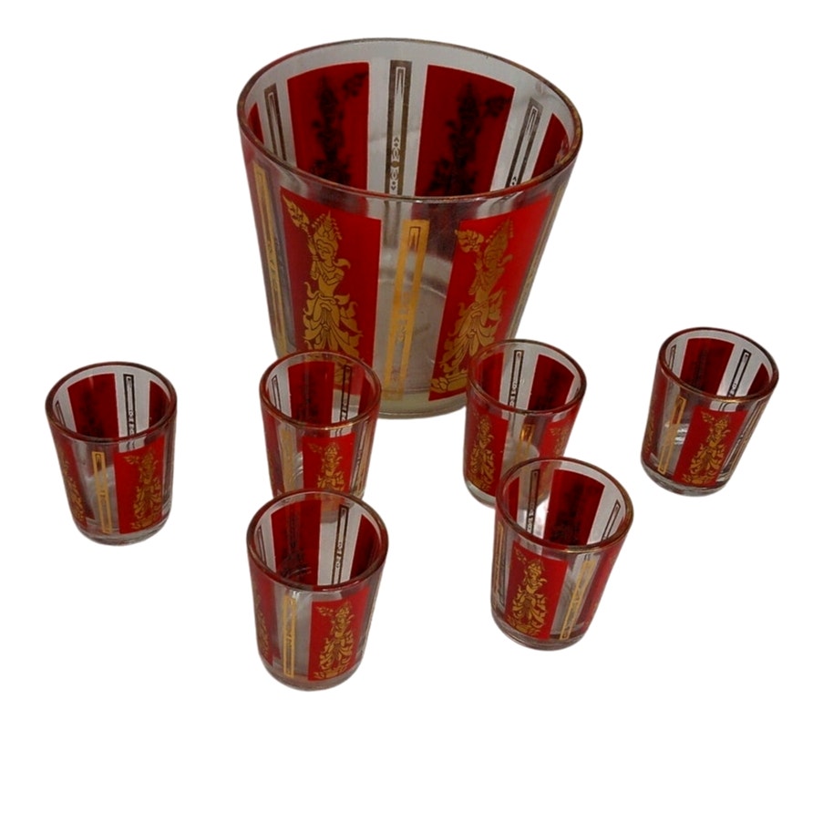 Vintage Culver Siam Thai Goddess Ice Bucket With 6 Shot Glasses