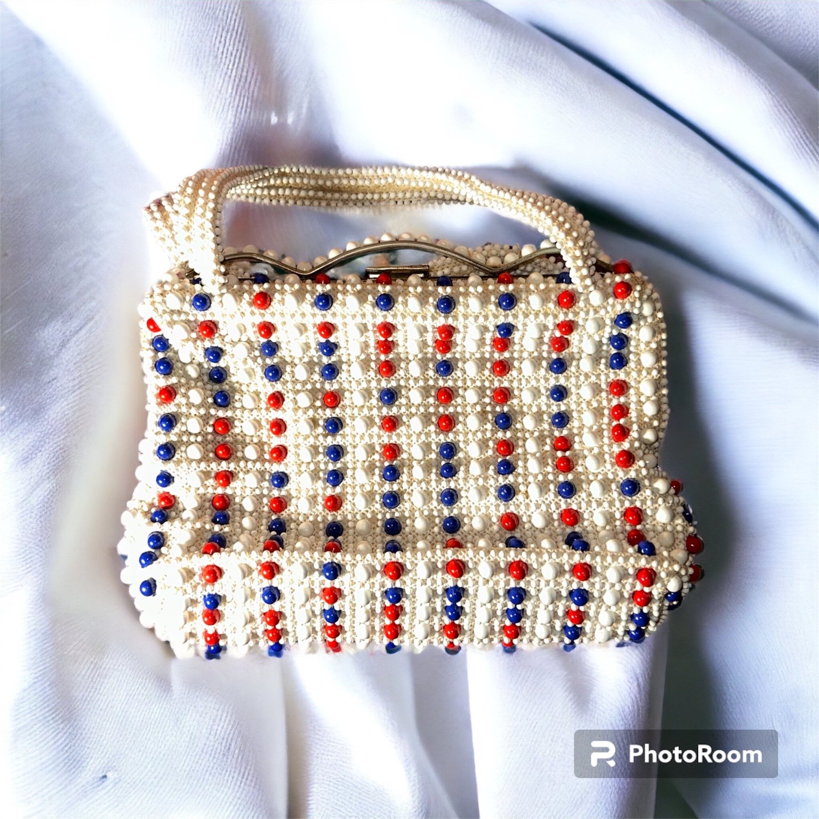 Vtg 50s Lumured Crochet Beade Handbag Ivory Purse Satchel Bag