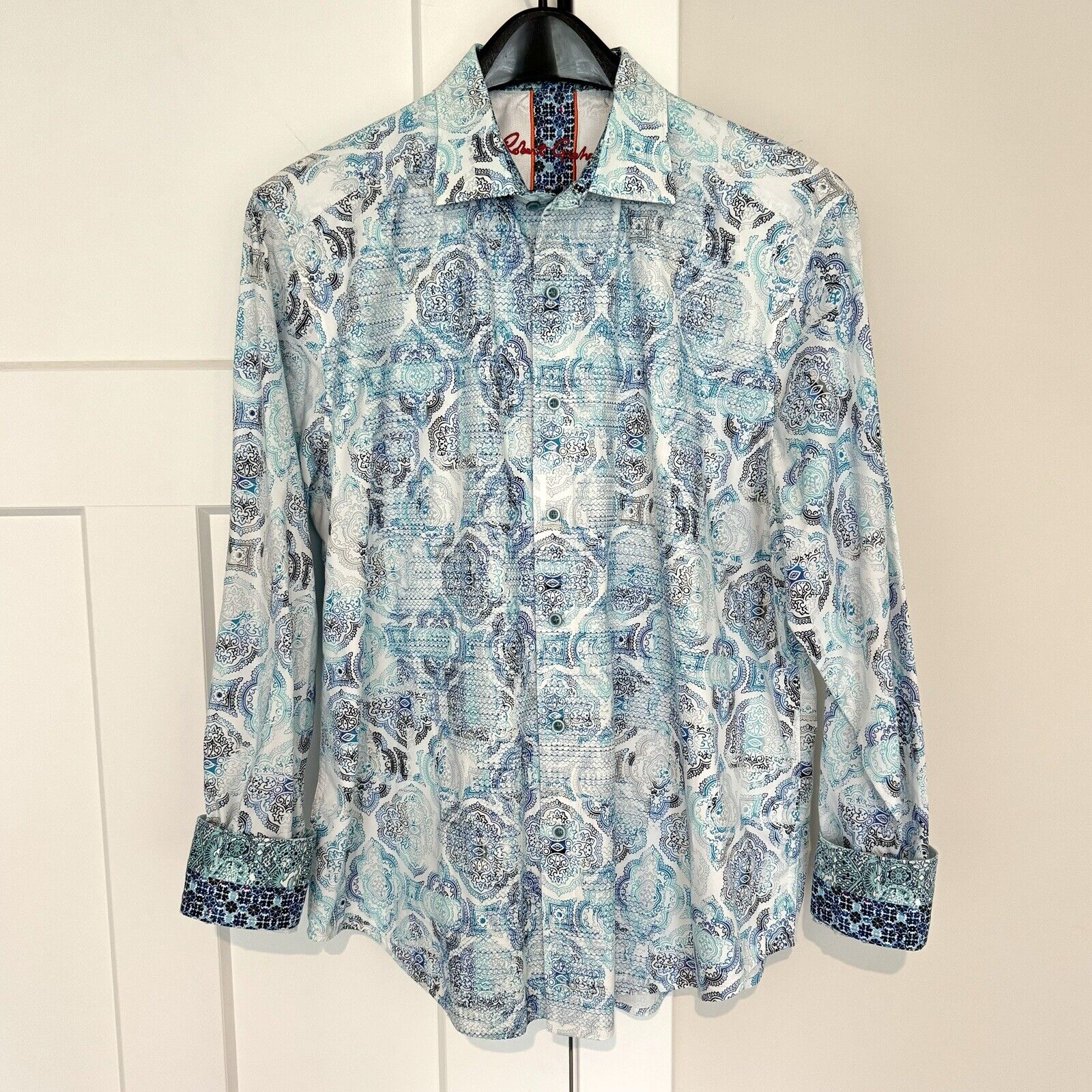 Robert Graham Blue Black Pattern Geometric Print Embroidered Button Up Shirt 2XL