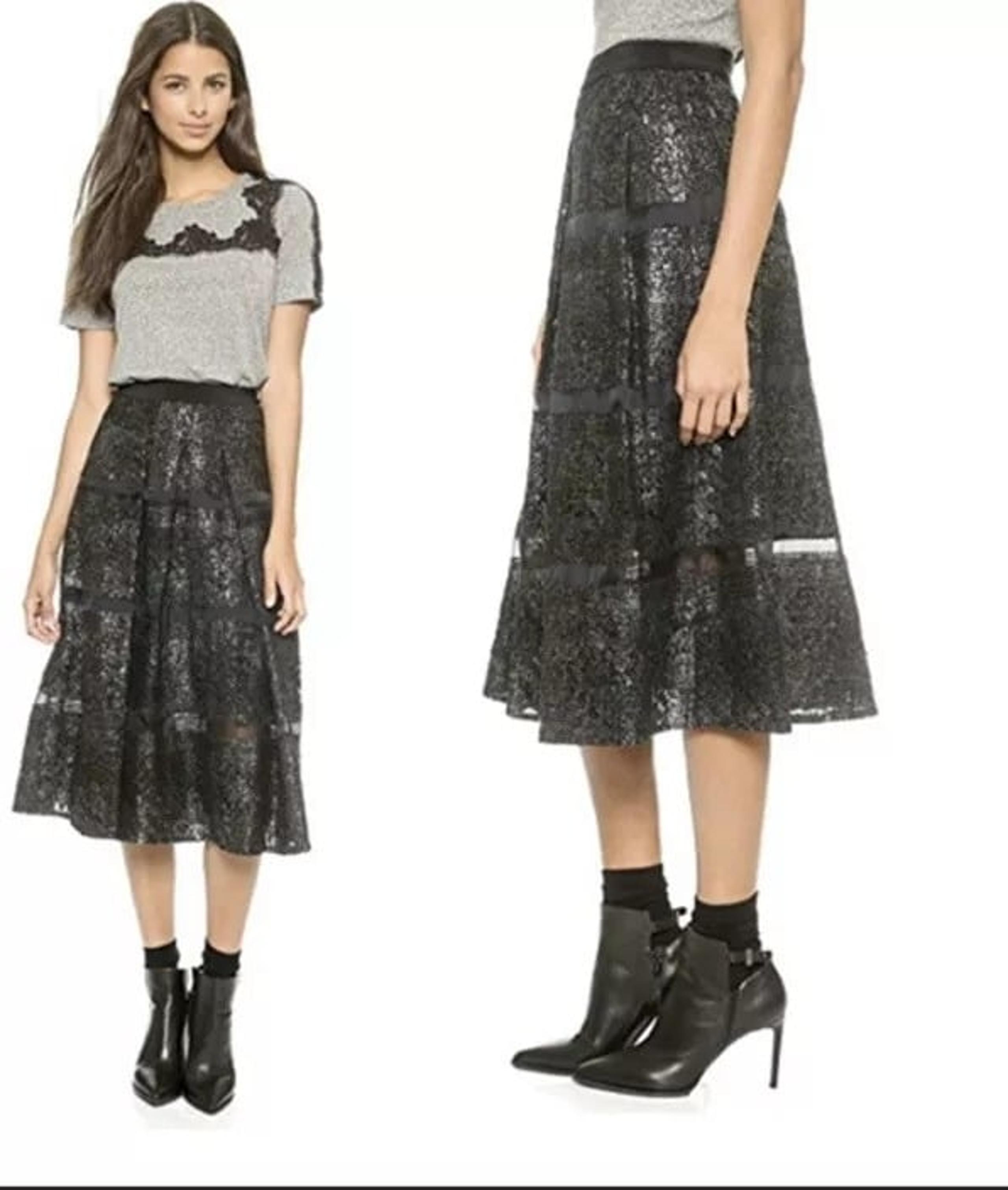 Rebecca Taylor Women's Size 4 Metallic Foil Lace Midi Skirt NWT $550