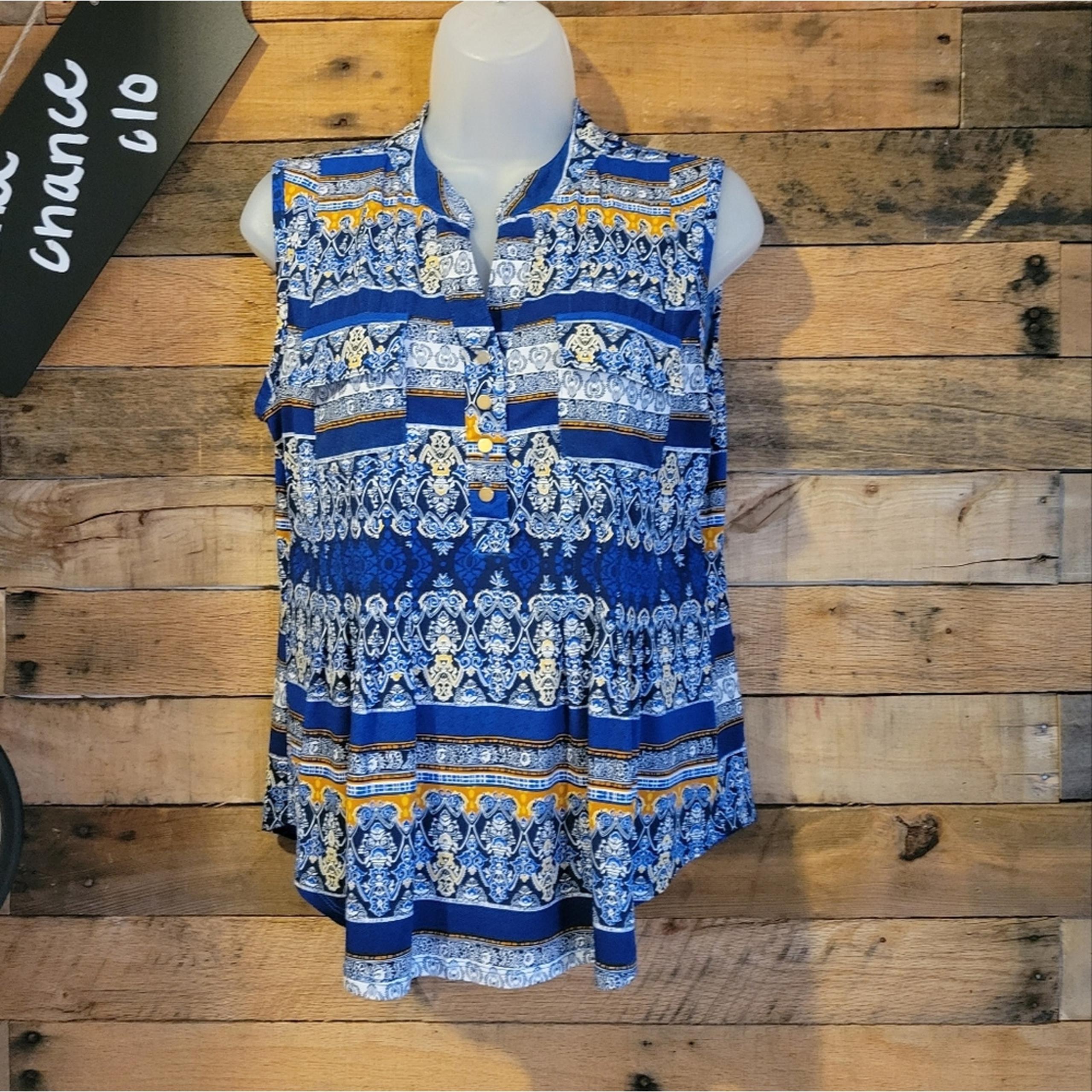 Dress Barn women's blue and gold patterned blouse size medium petite