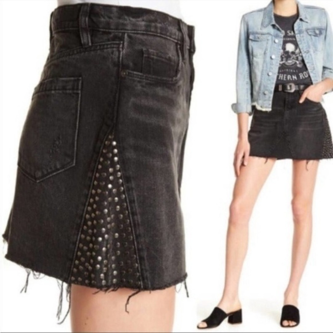 Blank NYC Way Back When Stud Detail Frayed Black Denim Skirt 24