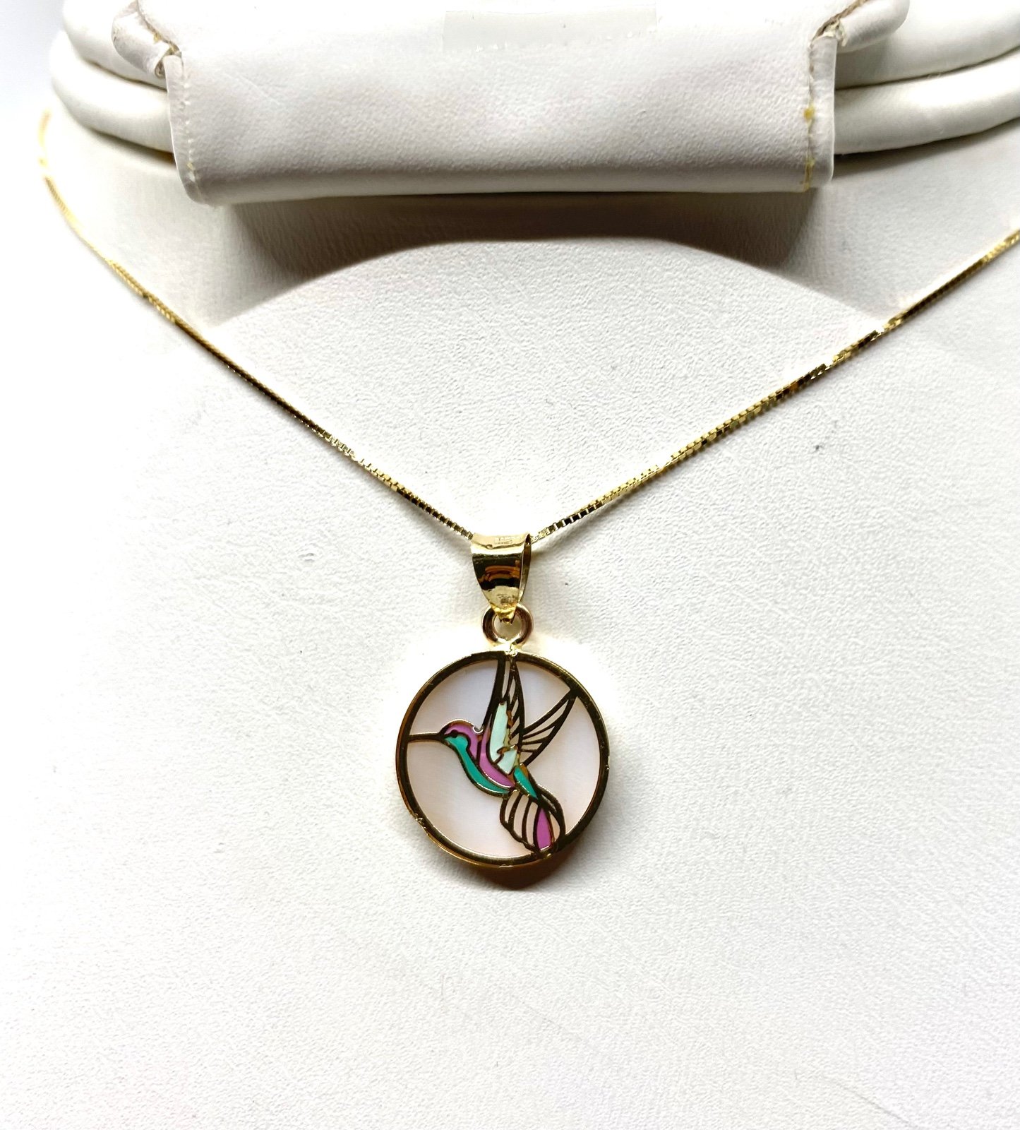 10K Gold Mother Pearl Hummingbird Box Necklace