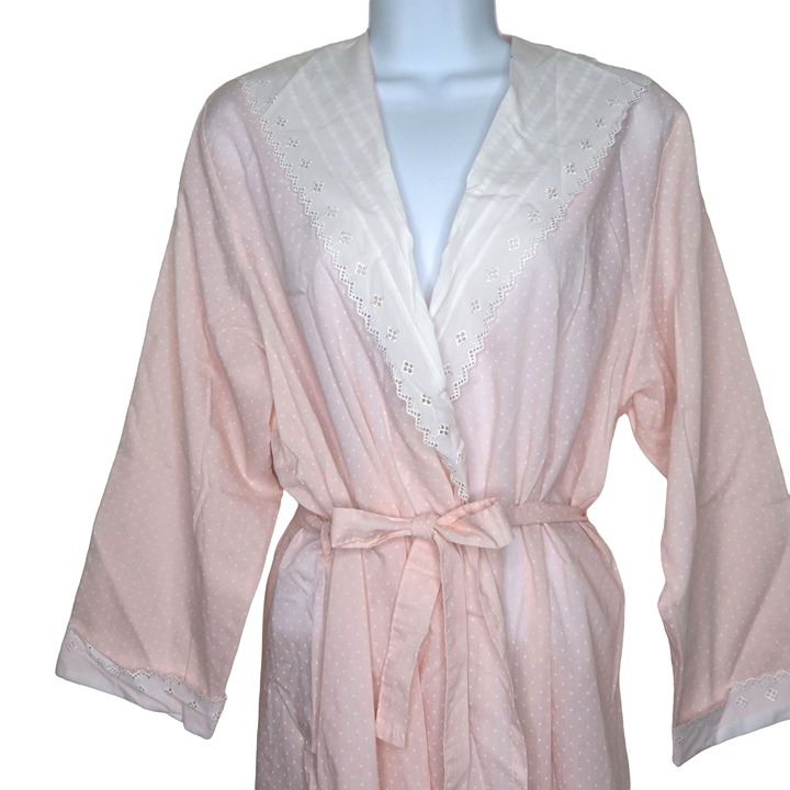 Vintage BHS Full Length Dressing Gown Robe L Pink Swiss Polka Dot Lace Collar