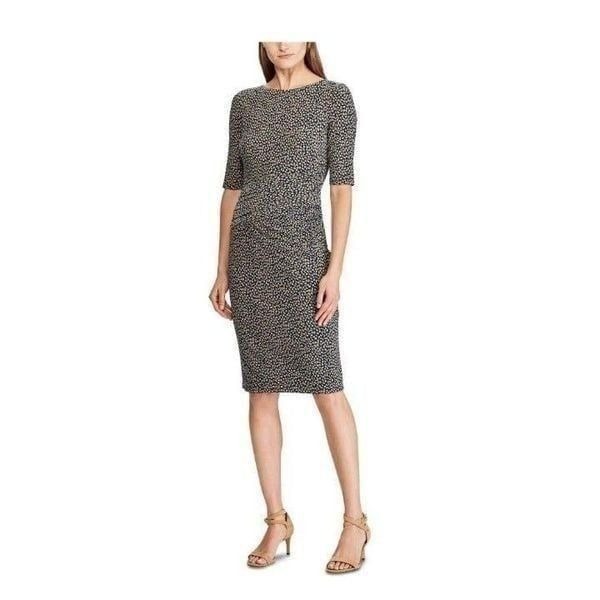 Ralph Lauren Womens Navy Printed Short Sleeve Jewel Neck Knee Length Sheath Dres