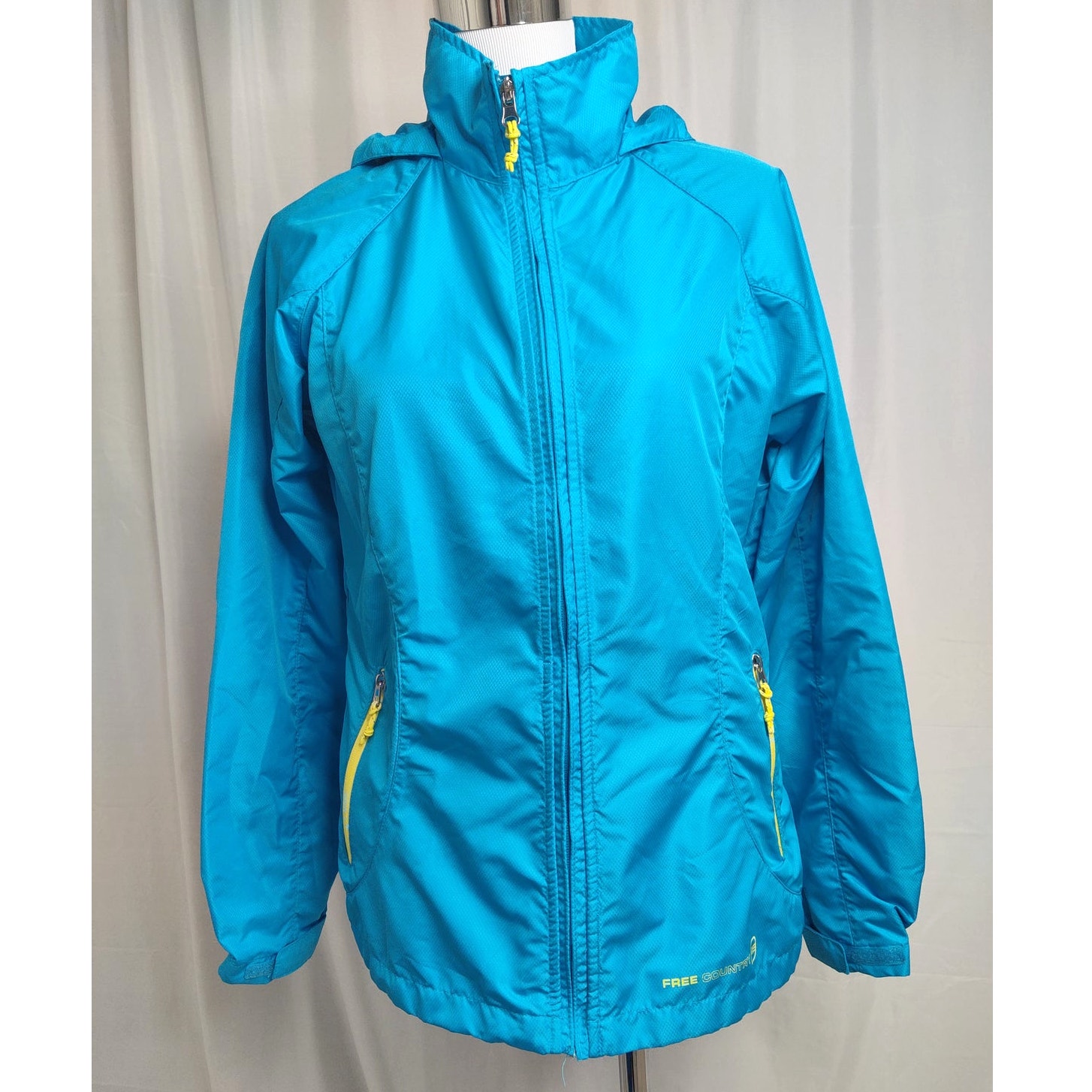 Free Country Windbreaker Aqua Neon Yellow Hooded Rain Full Zip Jacket S-M
