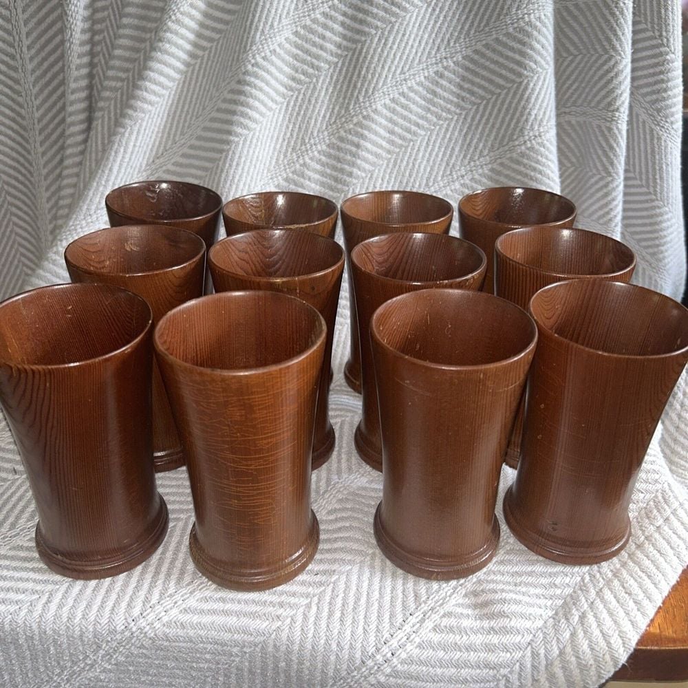 Califonia Redwood Set Of 12 Wooden Cups / Drinking Glasses HAP 1950'S MCM 5 1/4"