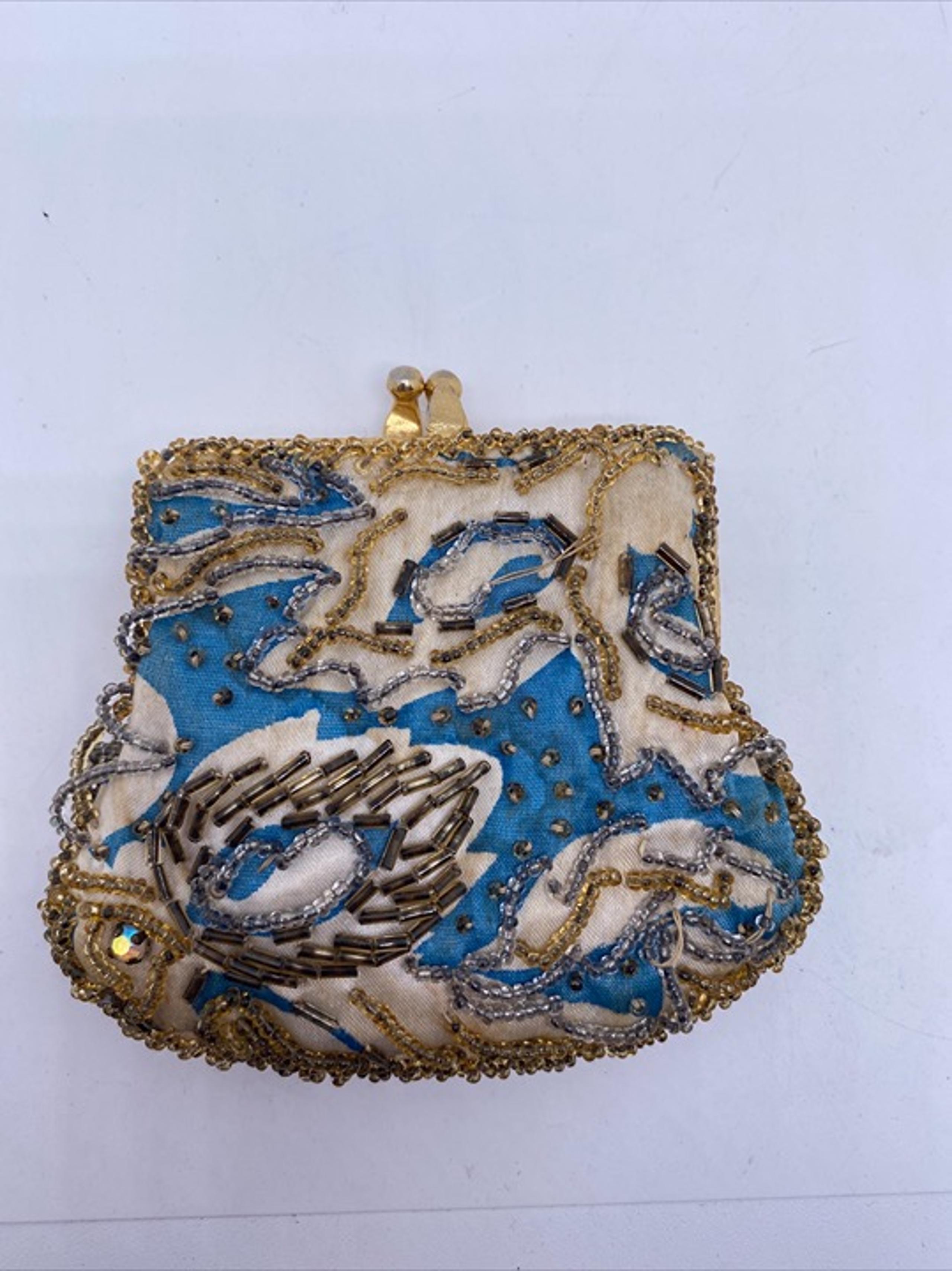 vintage hand beaded Walborg coin purse turquoise cream and gold