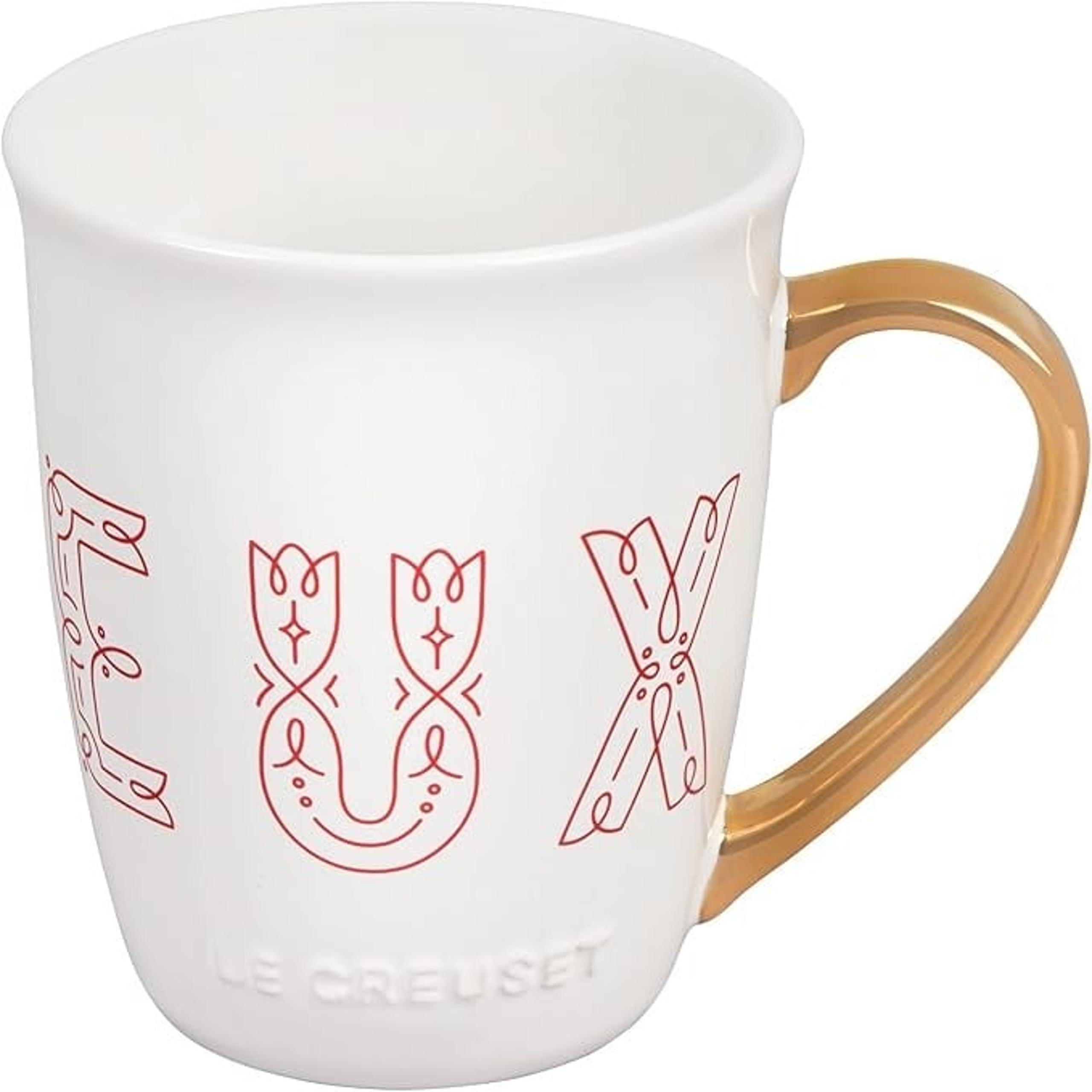 Le Creuset Stoneware Noël Collection Extra-Large 12ox Joyeux Mug Gold Handle NEW