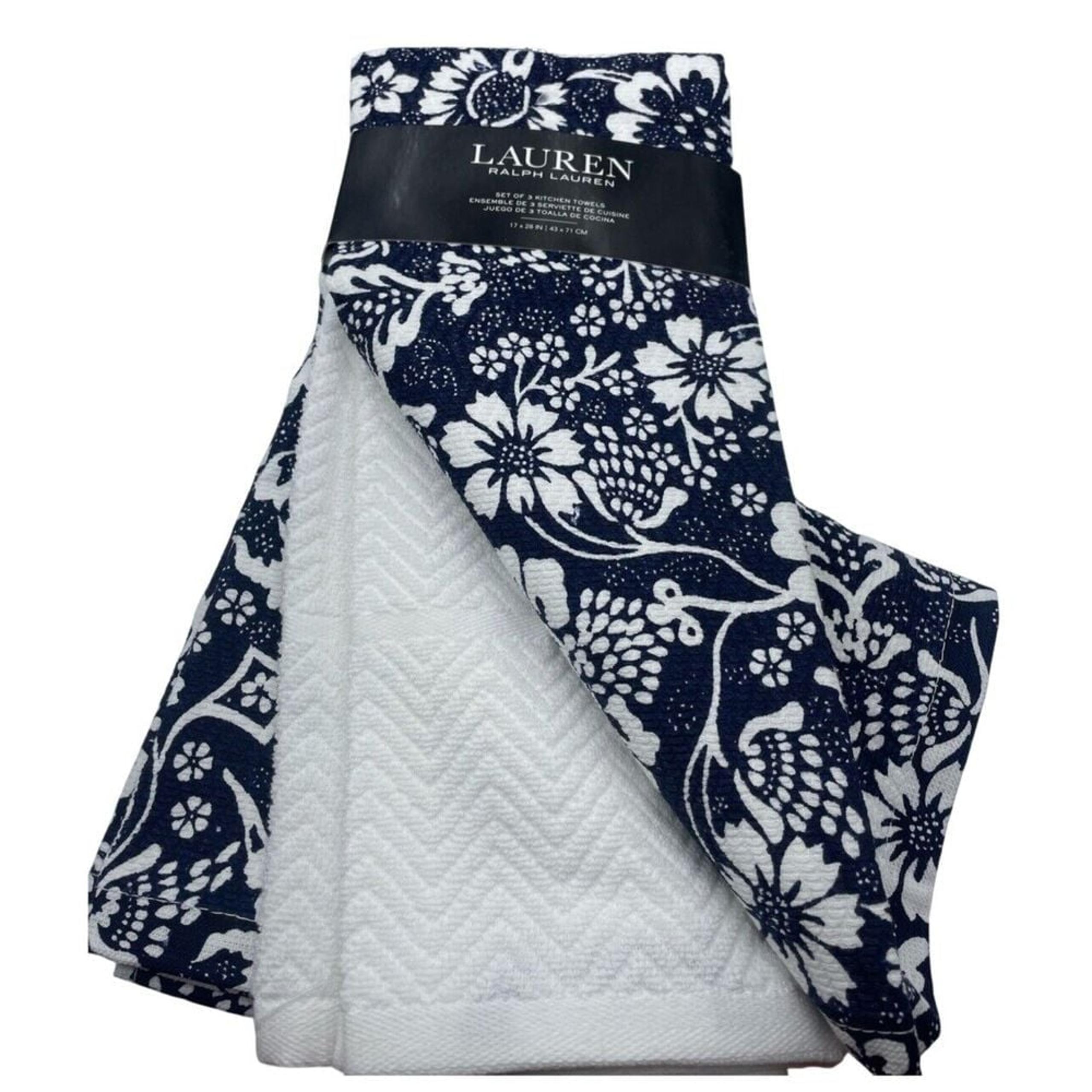 Ralph Lauren Kitchen Towel Set of 3 Cotton Terry Designer Blue & White Gorgeous