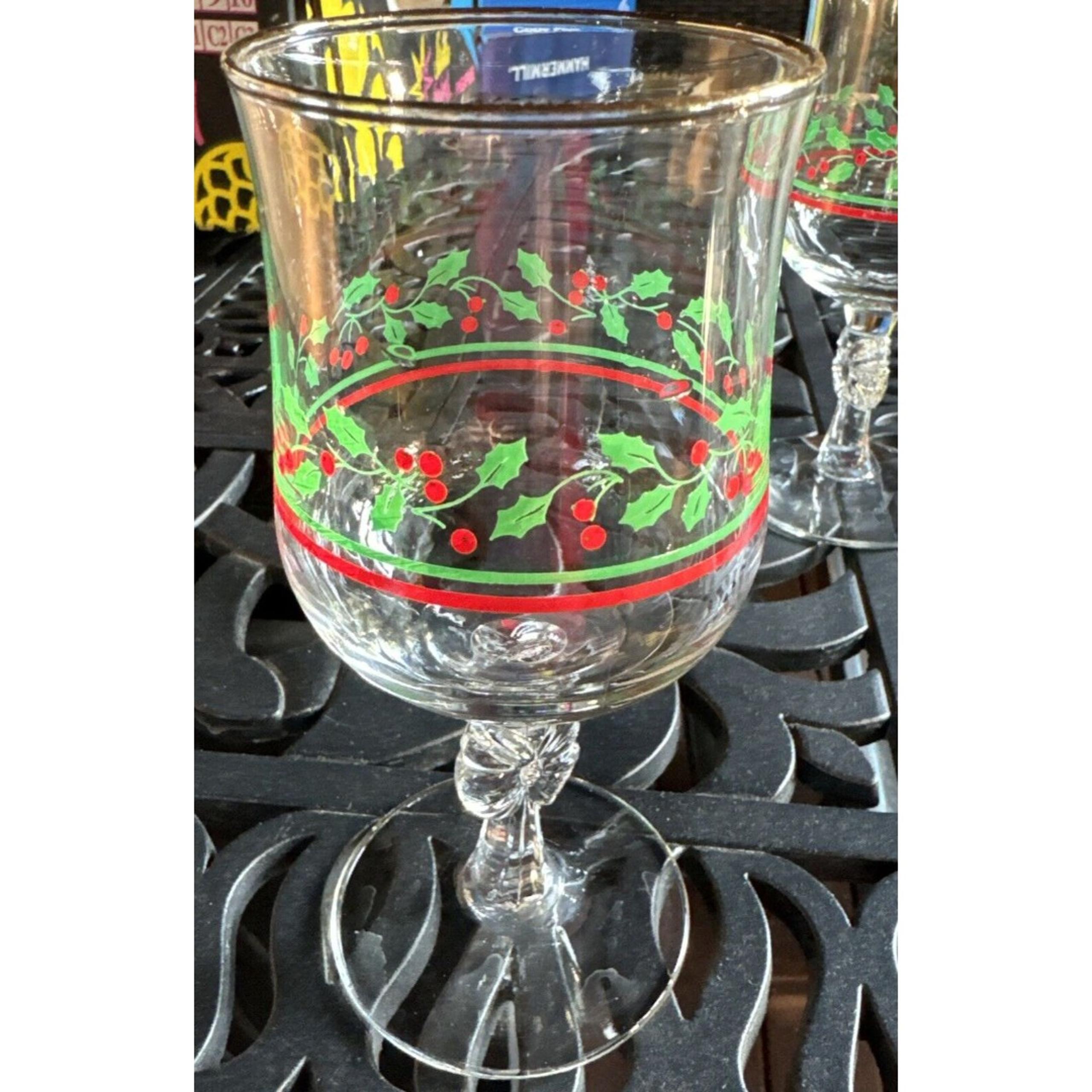 Arby's Libbey Holly Berry Christmas Set of 4 Glasses Bow Stem 12 oz. Vintage