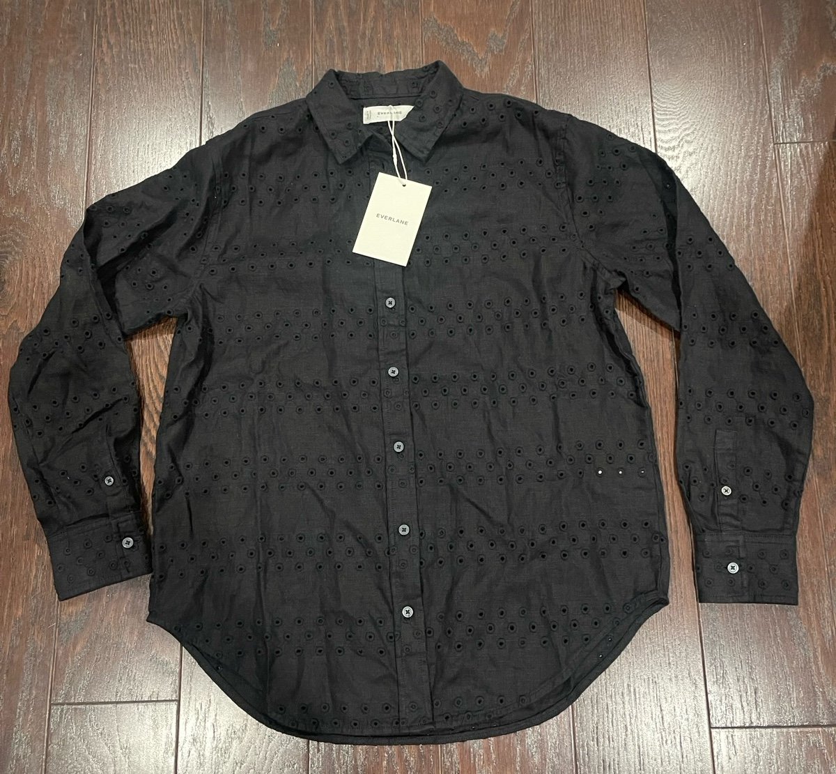 NEW Everlane Women The Linen Eyelet Relaxed Collared Black LS Shirt Size 2