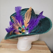 Classic Dark Green Woven Straw Cowboy Hat w/ Decorative Jewels & Feathers