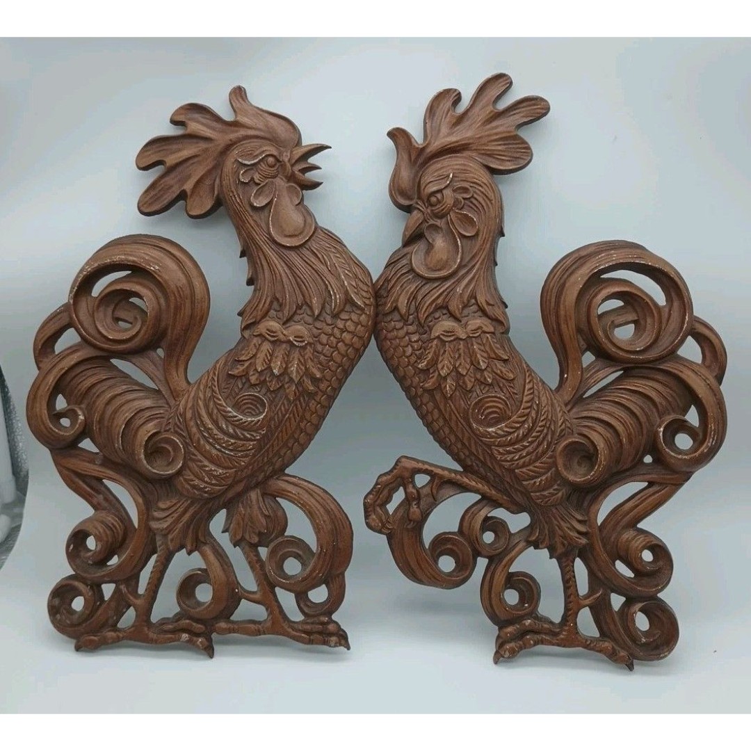 2 Vintage Sexton Cast Metal Roosters 14” X 8” Wall Plaques USA Country Chickens