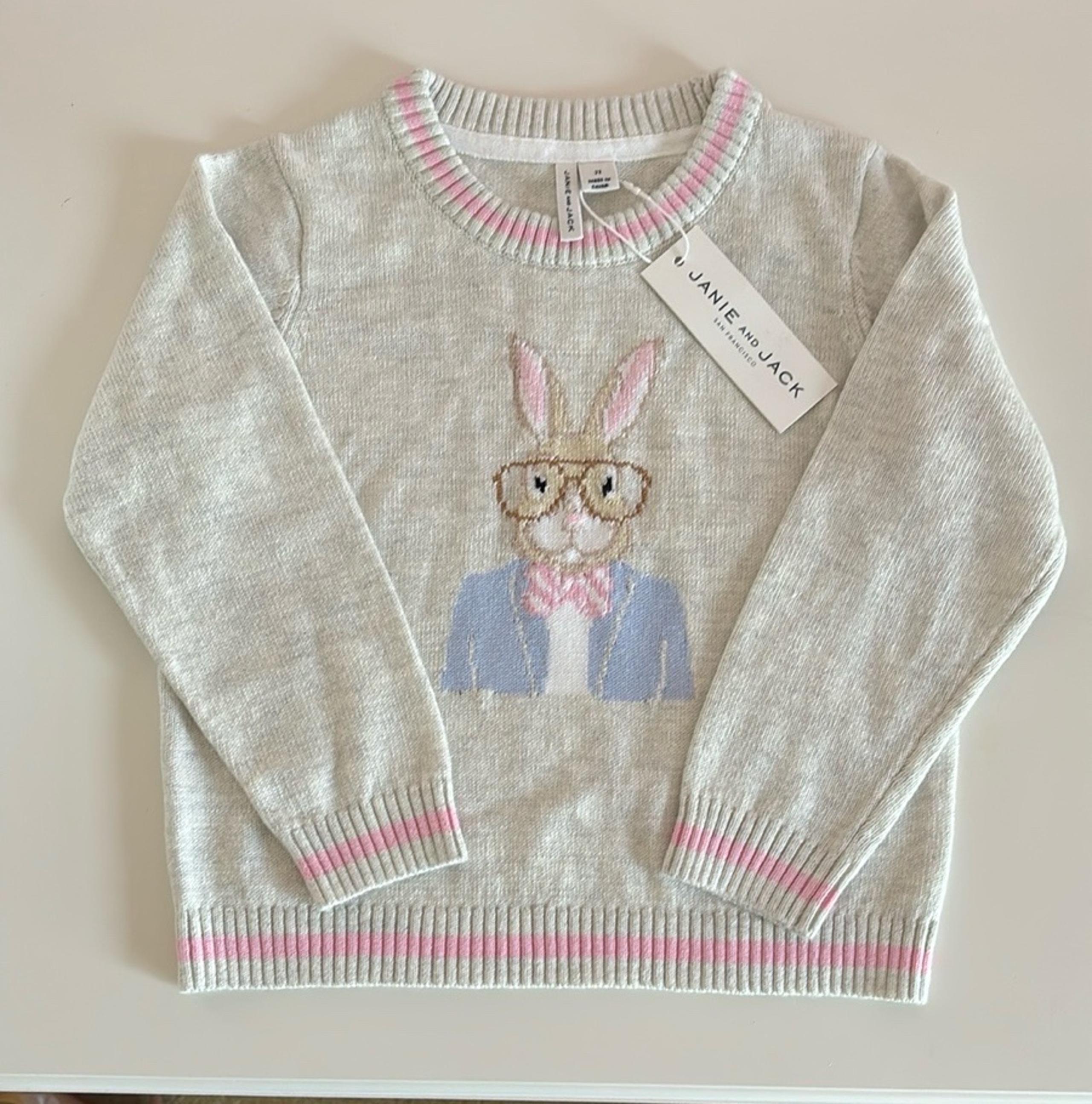 NWT Janie and Jack Toddler Boy Light Gray Bunny Sweater Size 2T