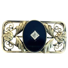Art Deco Filigree Bar Brooch Pin 1/20 12K GF Black Onyx Genuine Diamond STUNNING