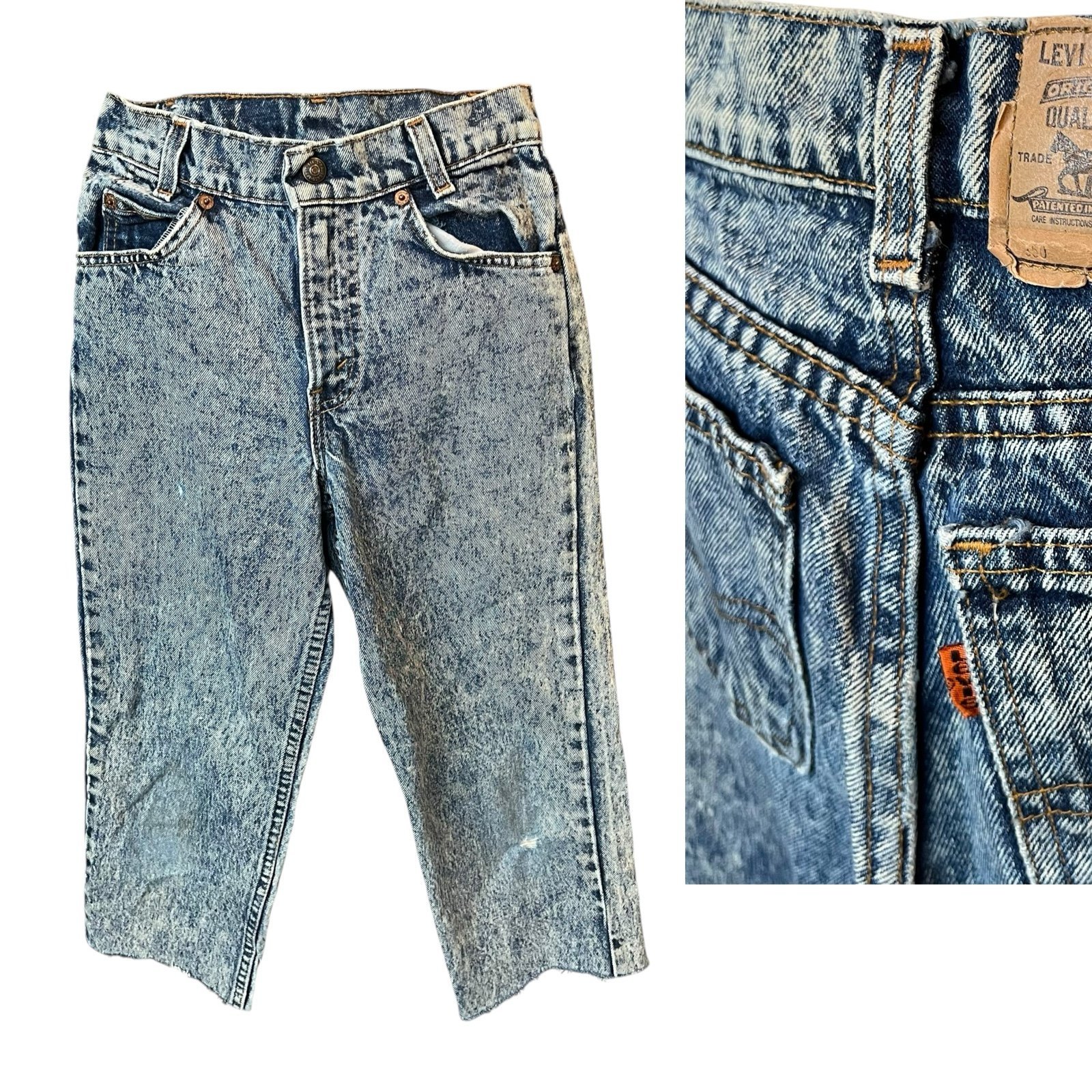 VTG orange tab Levi’s acid wash denim jeans cropped boys size 14