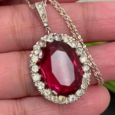 Vintage TRIFARI Ruby Red Cushion Cut Glass Bling Pendant on 925 Chain Necklace