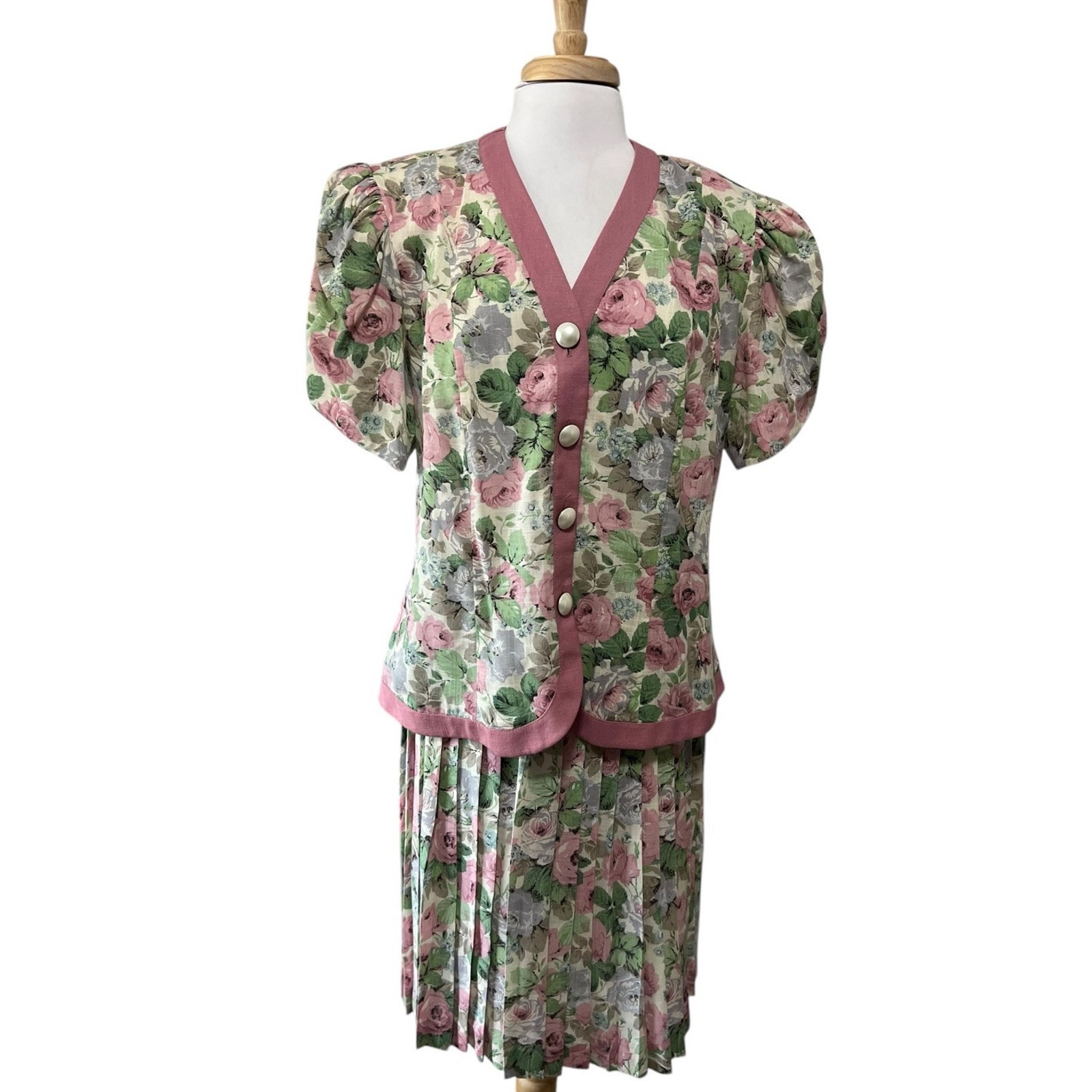 Vintage 80s S.L. Fashions Top & Skirt 2 Pc Set Womens 16 Pink Floral Cottagecore