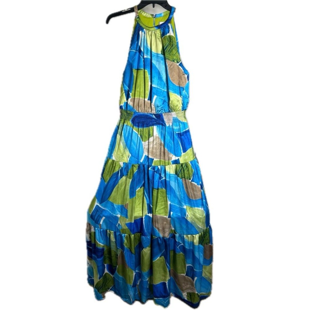 Nicole Miller Halter Maxi Dress Abstract Watercolor Blue Green Size Large NWT