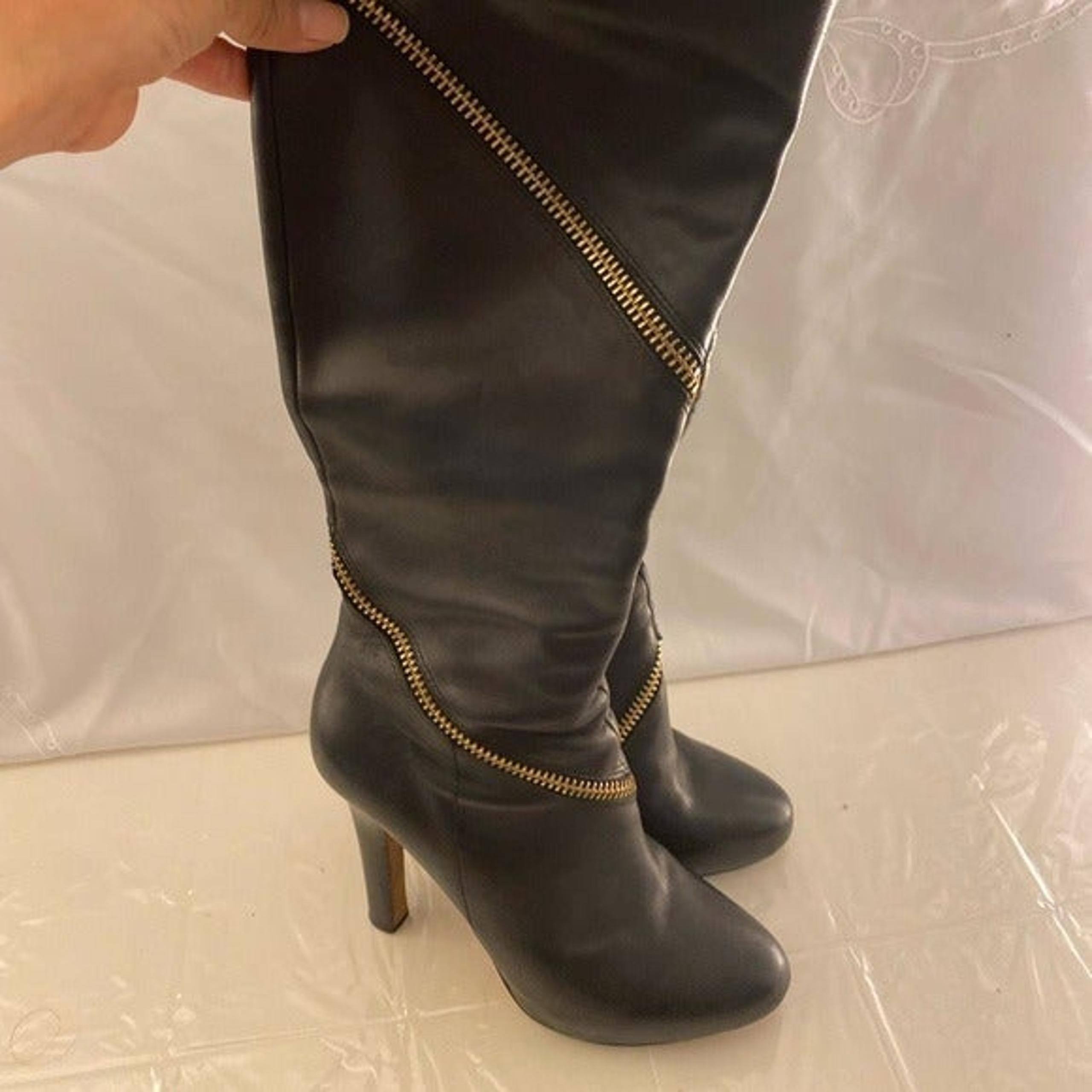 Diane Von Furstenberg Black Leather ZipperWraparound Tall Heeled Boots~Size 6