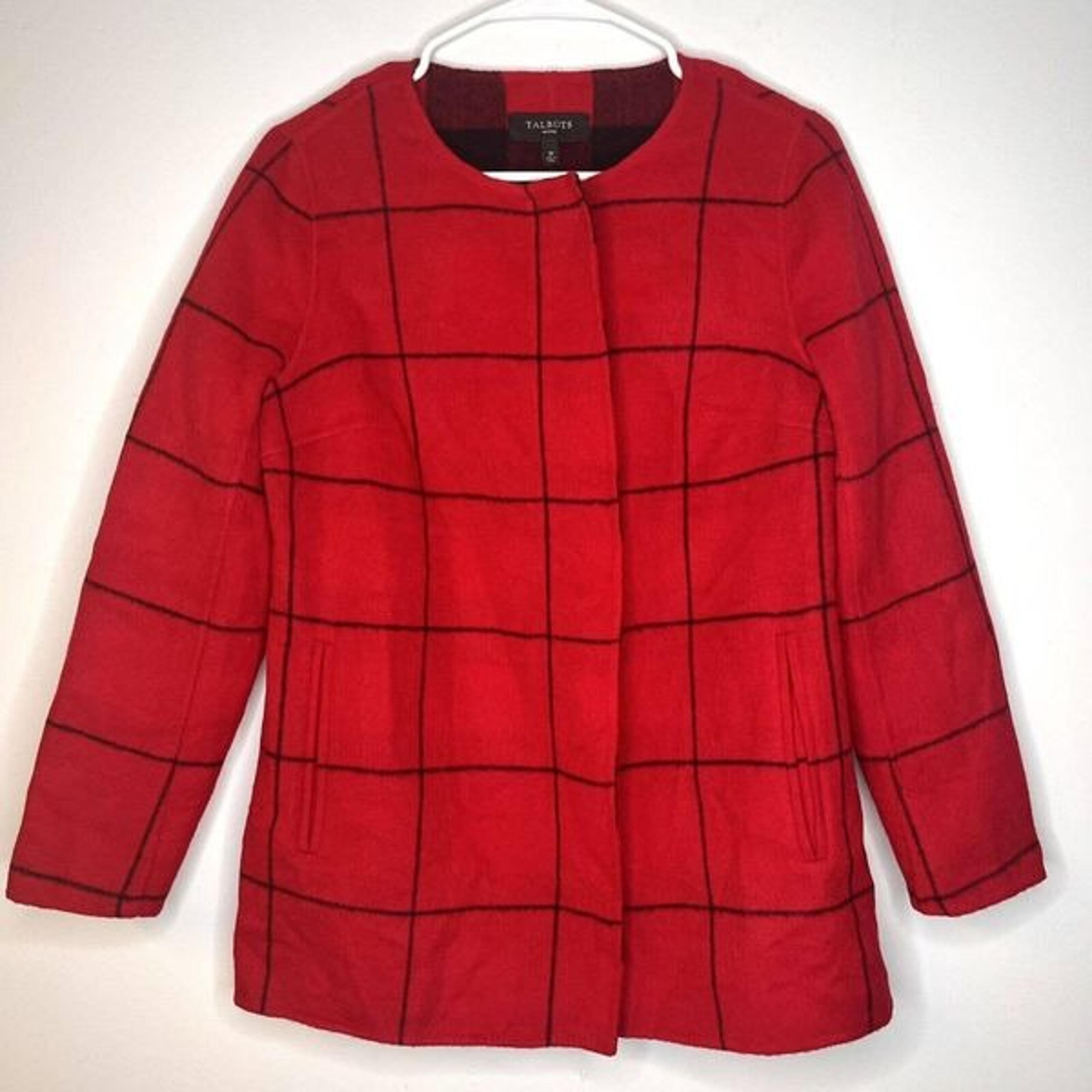 Talbots Petites Red Wool Blend Checked Zip Up Jacket size 2P
