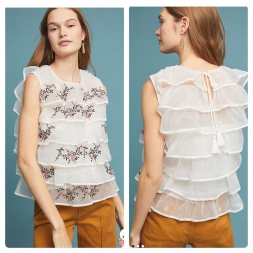 Anthropologie Tiered Embroidered Sleeveless Top