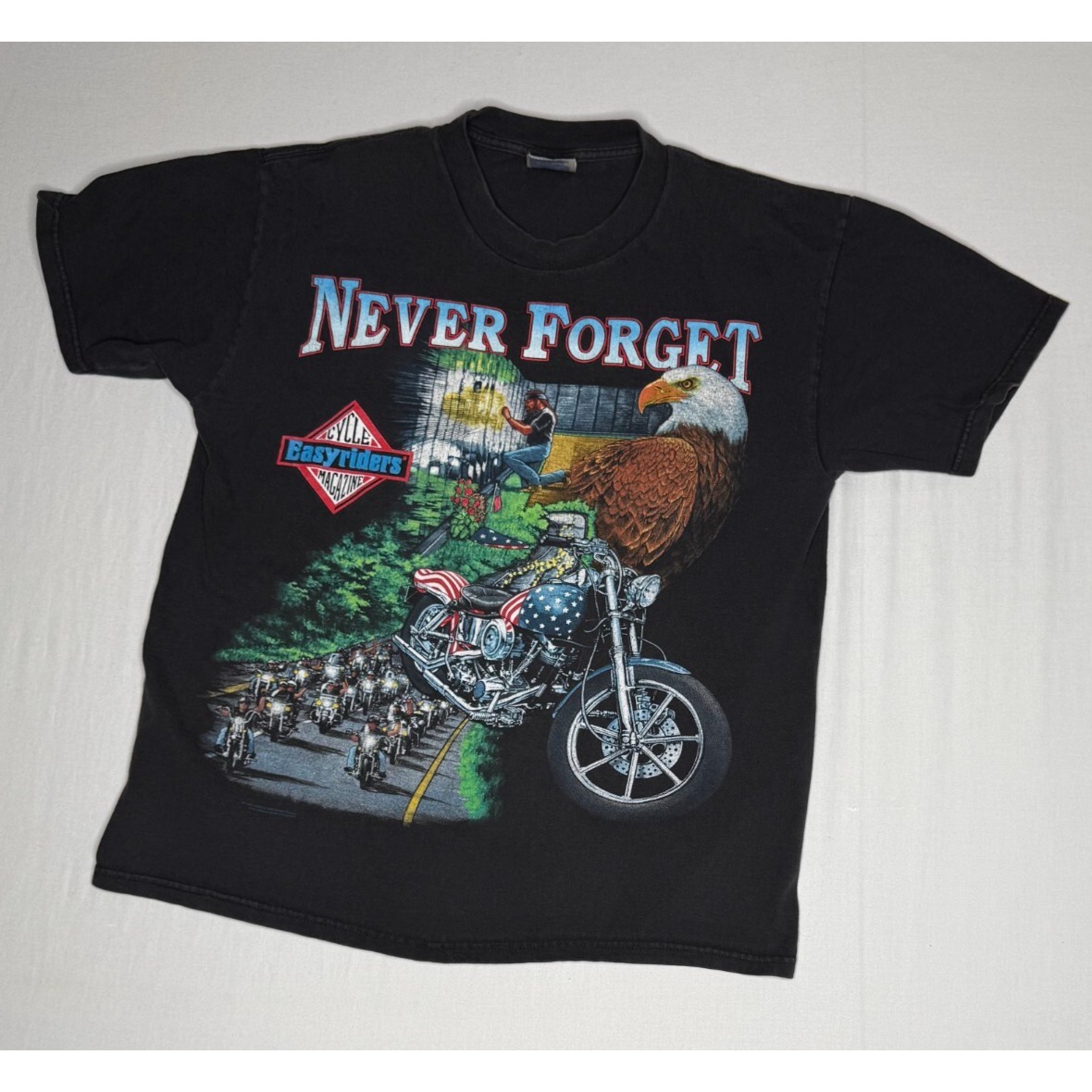 EASYRIDERS Hanes T-Shirt Mens Large Black Harley Biker Bald Eagle 90s Vintage