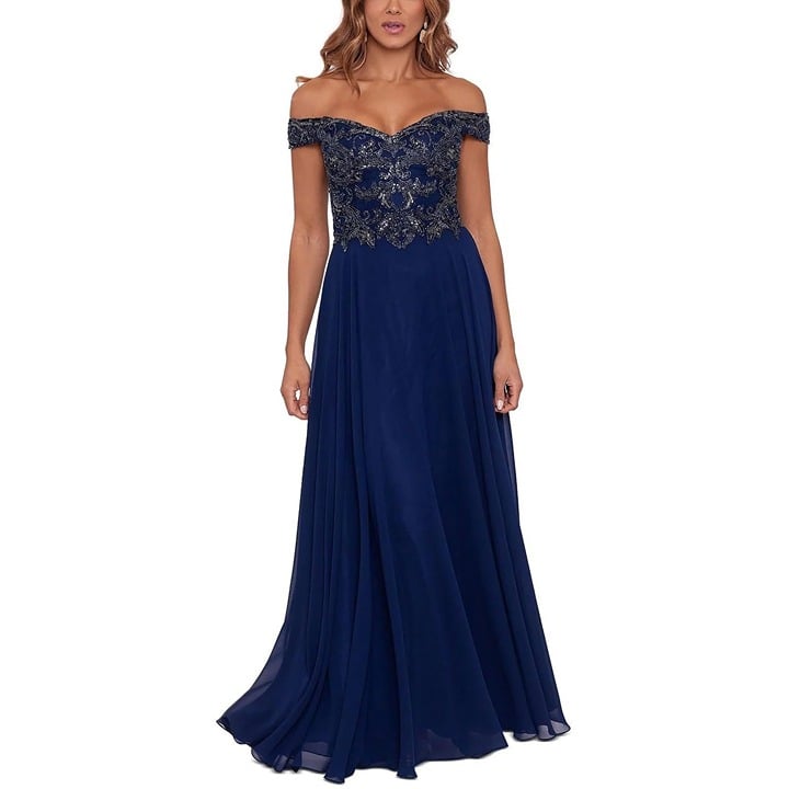 Women's Blue Formal Dress by Xscape Size 10 Off-The-Shoulder Beaded Gown