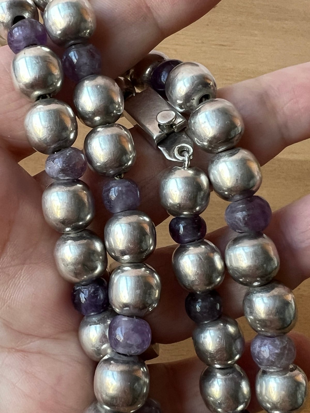 VINTAGE TAXCO MEXICO 925 STERLING SILVER & PURPLE AMETHYST BEADS NECKLACE 51 GR - detail