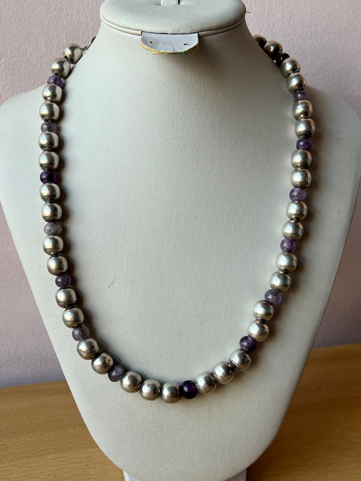 VINTAGE TAXCO MEXICO 925 STERLING SILVER & PURPLE AMETHYST BEADS NECKLACE 51 GR - detail