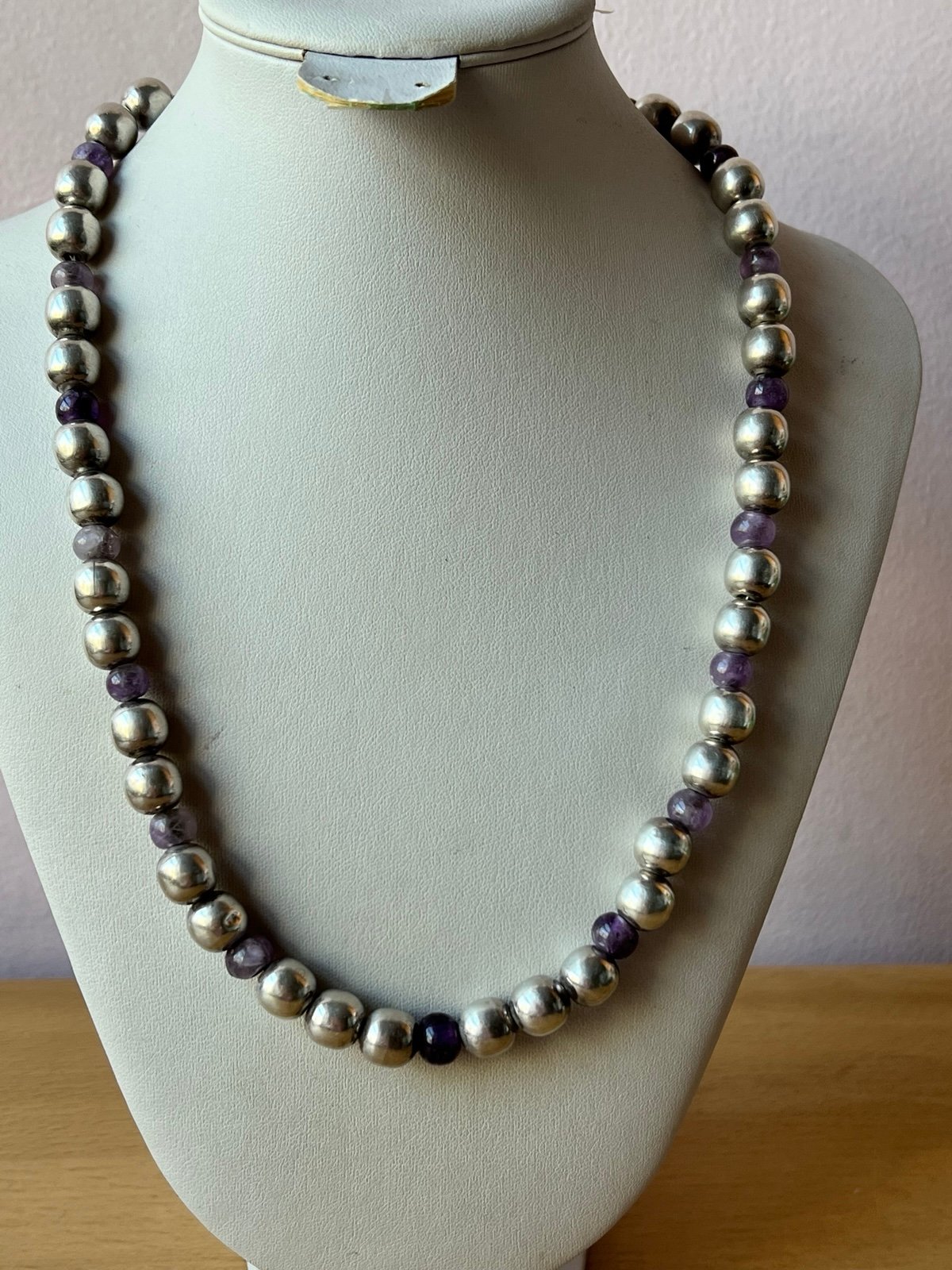 VINTAGE TAXCO MEXICO 925 STERLING SILVER & PURPLE AMETHYST BEADS NECKLACE 51 GR - detail