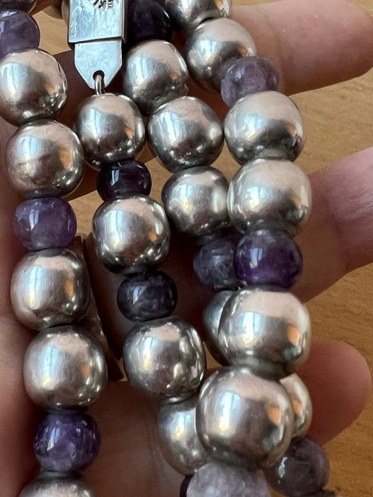 VINTAGE TAXCO MEXICO 925 STERLING SILVER & PURPLE AMETHYST BEADS NECKLACE 51 GR - detail