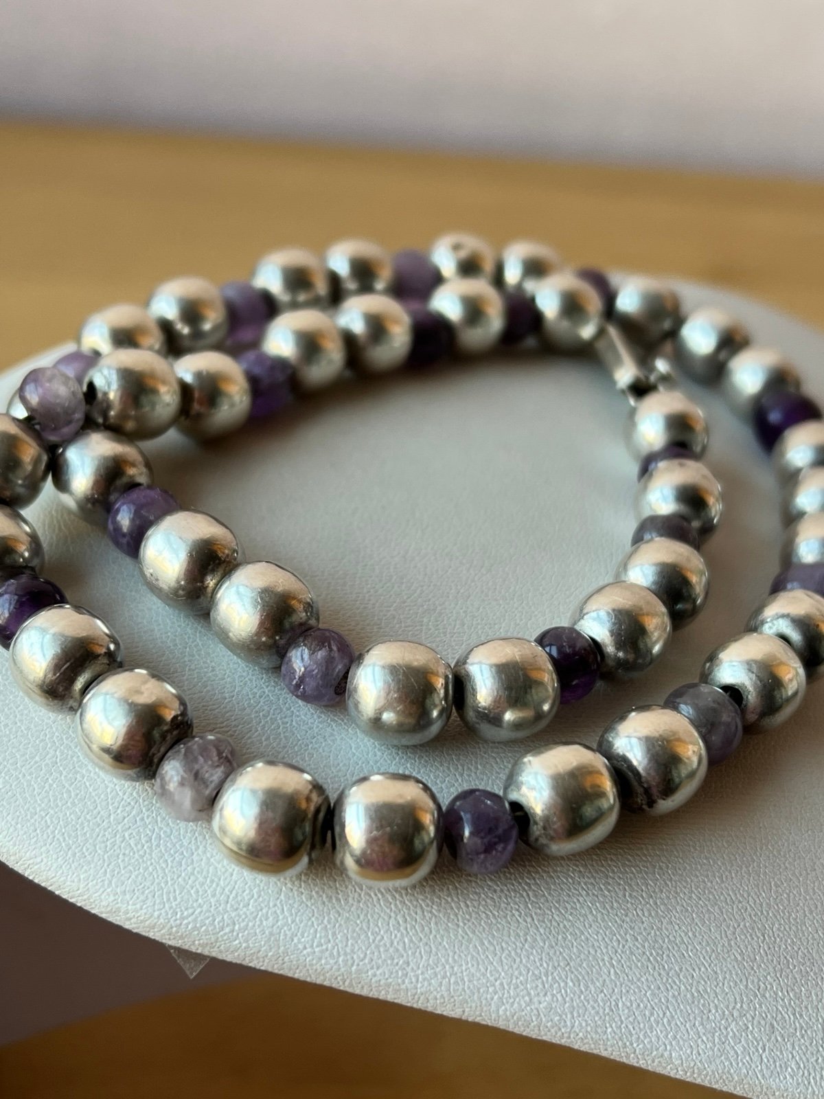 VINTAGE TAXCO MEXICO 925 STERLING SILVER & PURPLE AMETHYST BEADS NECKLACE 51 GR - detail