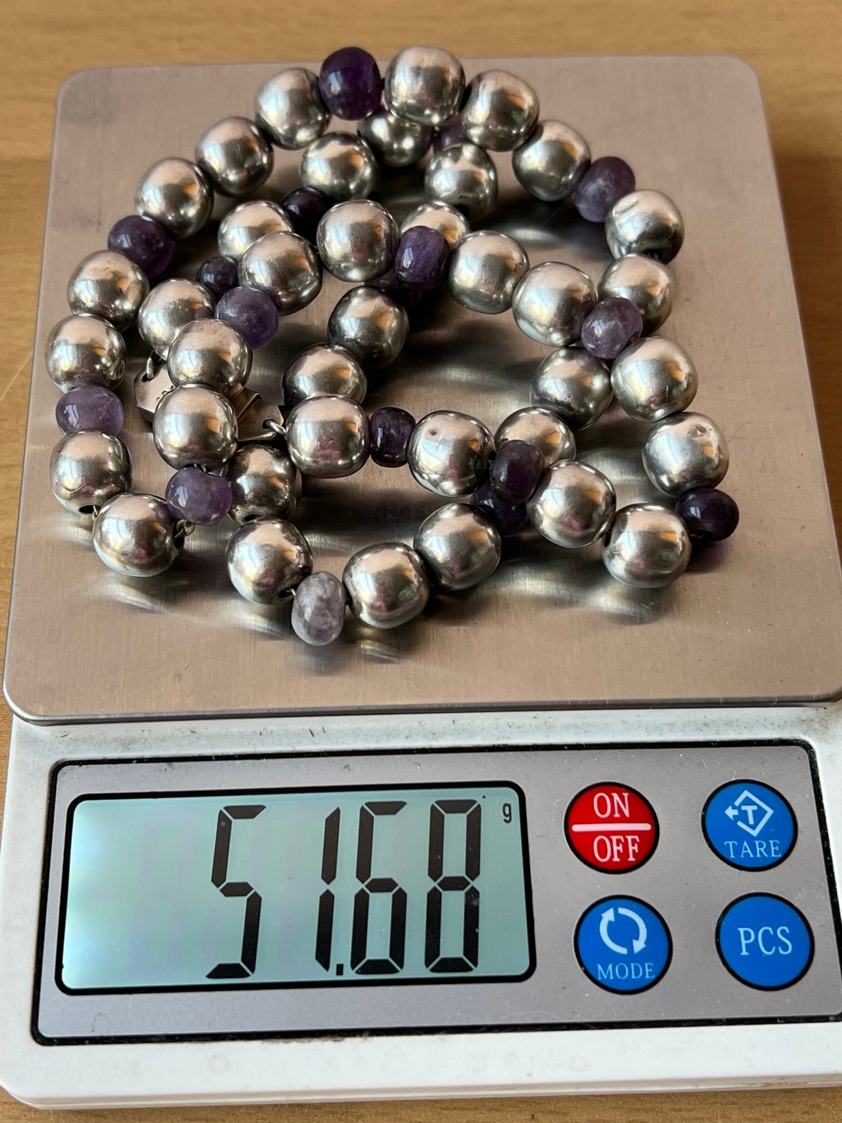 VINTAGE TAXCO MEXICO 925 STERLING SILVER & PURPLE AMETHYST BEADS NECKLACE 51 GR - detail